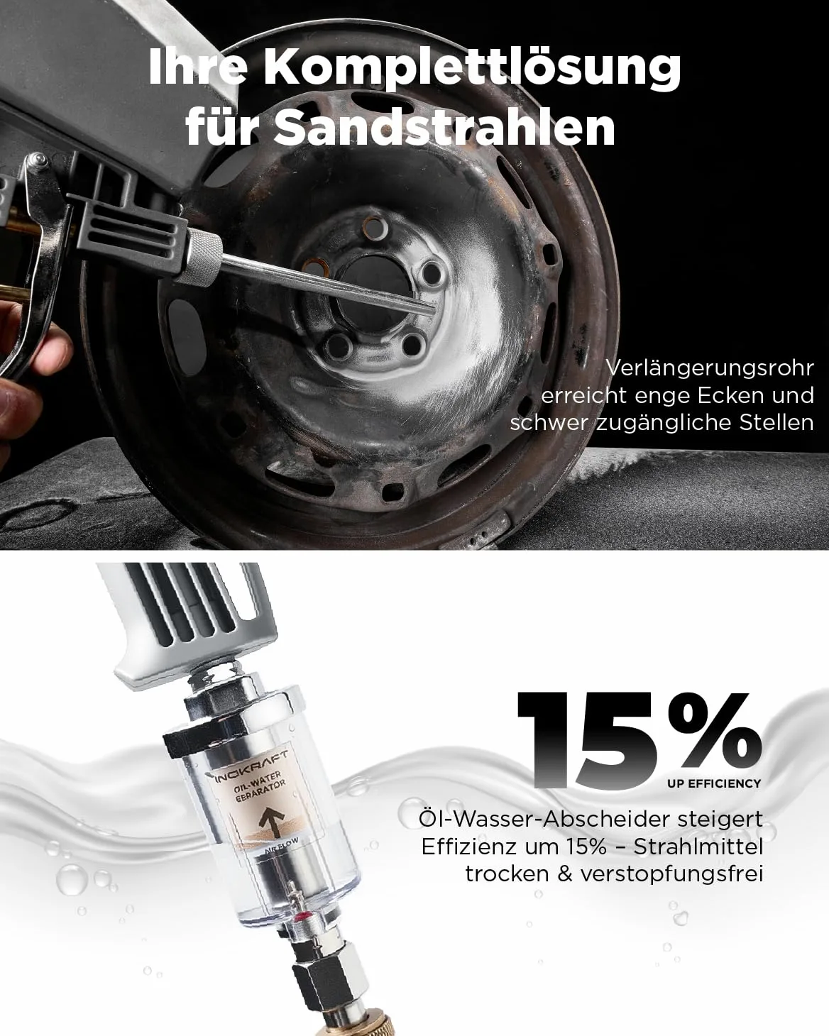 InoKraft Tragbare Sandstrahlpistolen-Set mit Öl-Wasser-Separator und Verlängerungsdüse, Mini-Sandstrahler zur Rost- und Farbentfernung, kompatibel mit Aluminiumoxid, Sand, Walnusschalen und Soda