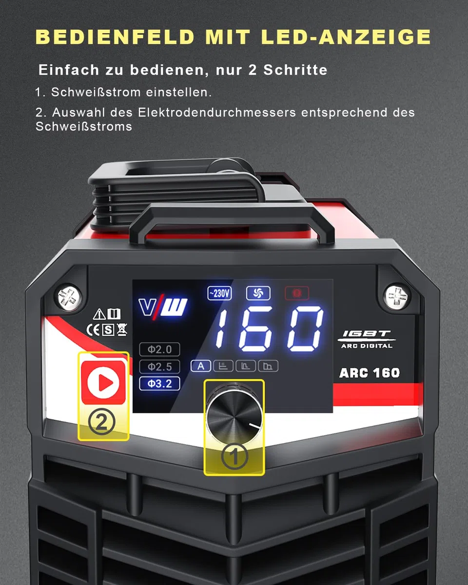 VECTOR WELDING Elektroden Schweißgerät MMA 160A - Schweißgerät Elektrode - Inverter Schweissgerät - Digitales Display - Einsteigergerät - Elektro Schweißgerät - IGBT ARC 160