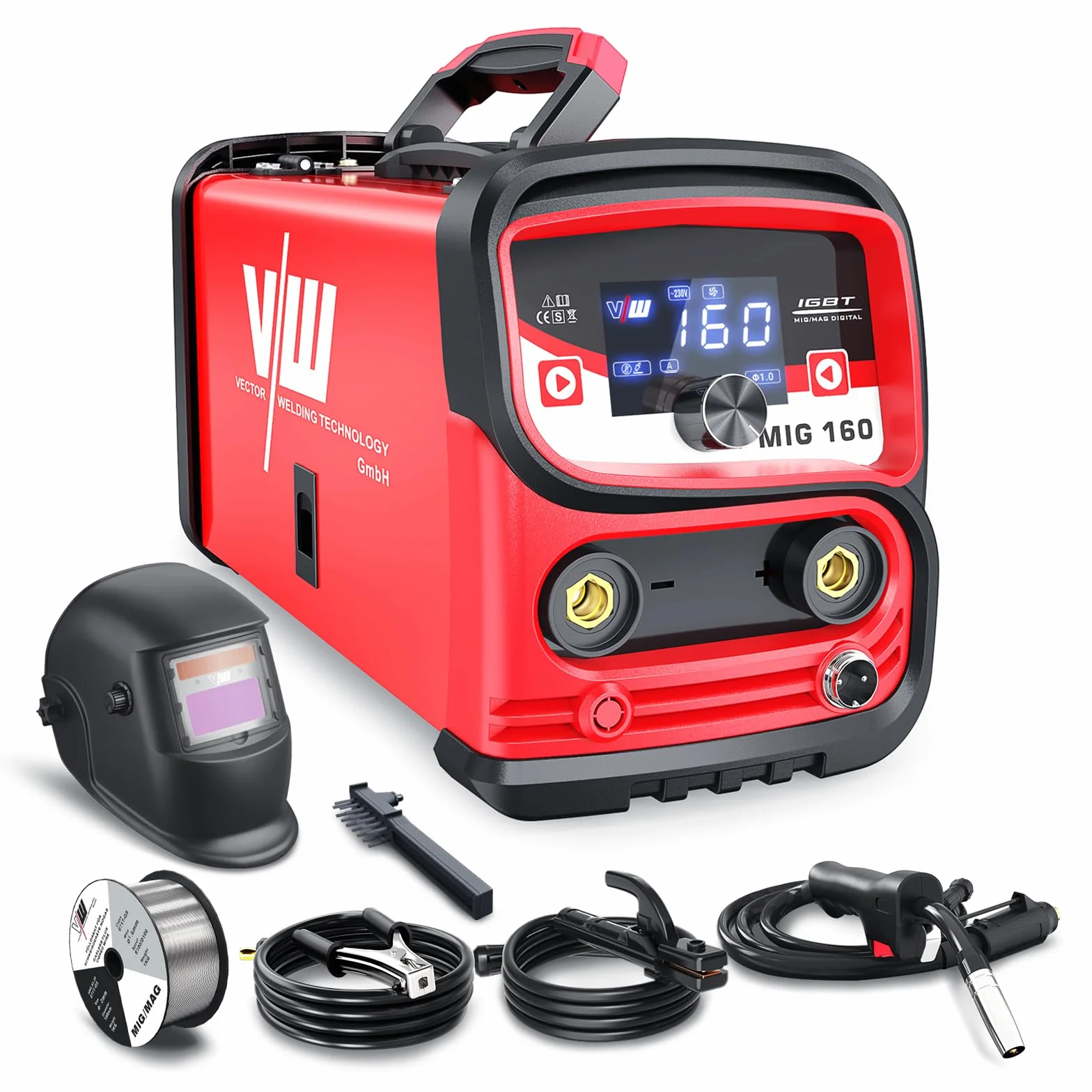 VECTOR WELDING MIG MMA Schweissgerät 160 A, Fülldraht Schweißgerät Set für Anfänger, IGBT Schutzgasschweißgerät mit Digitales Display Gasfrei-Funktion Schutz gegen Überhitzung
