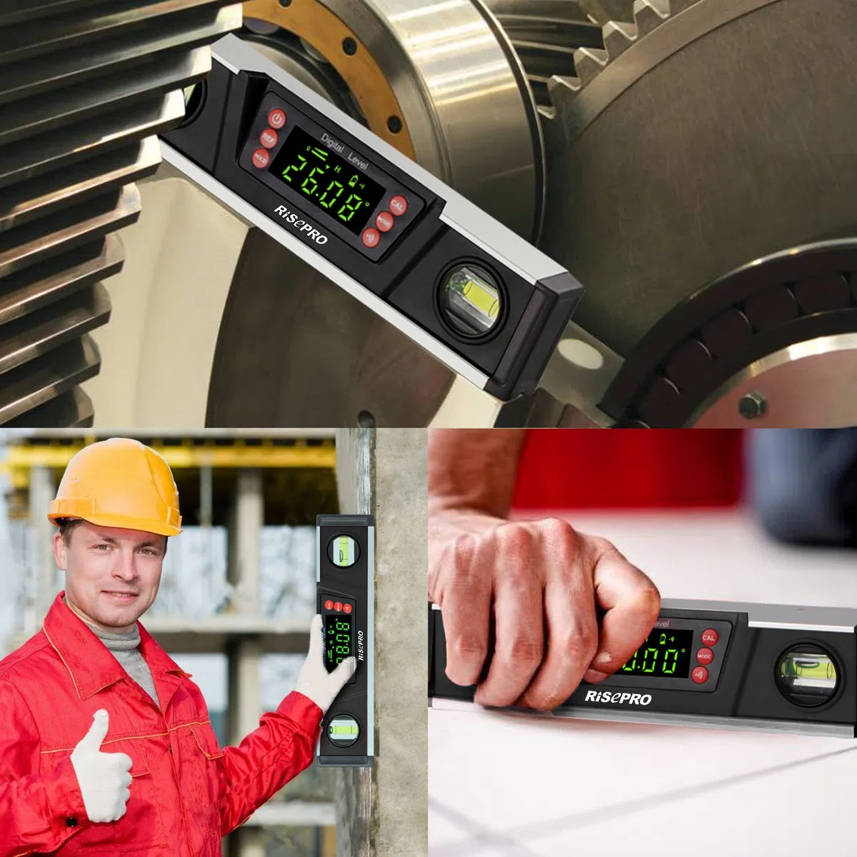 Digitale magnetische Wasserwaage und Winkelmesser – RISEPRO 10 Zoll IP54-geschützter elektronischer Blasen-Neigungsmesser, Winkelsucher, Messgerät mit großem VA-Display und Sockel mit V-Nut DL135-B
