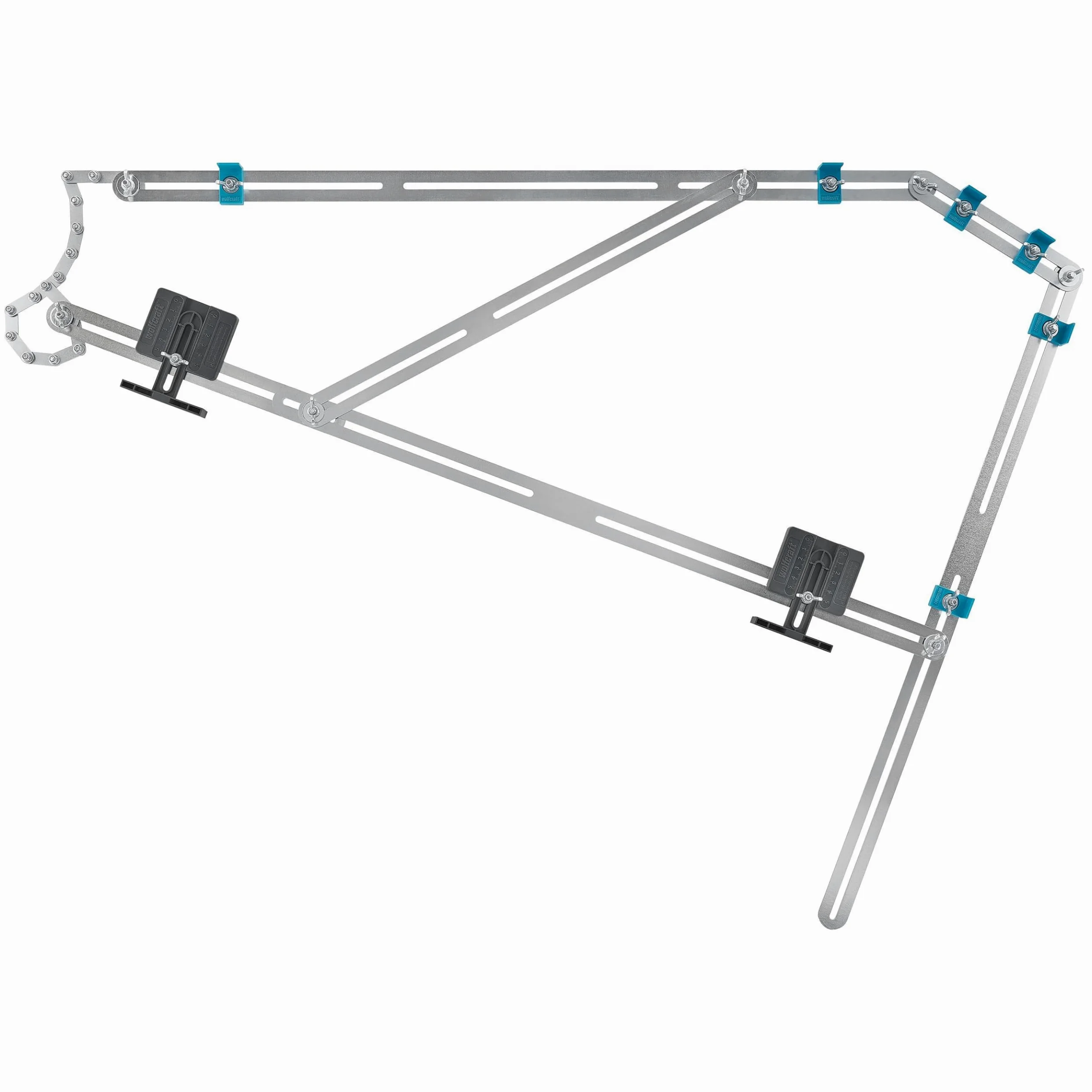 wolfcraft Treppenlehre – Winkelmesser & Schablone für Treppenbau | Treppenspinne & Winkelschmiege kombiniert – für Wendeltreppen, Dehnungsfugen & Materialzugaben – Metall, Made in EU - 5210000