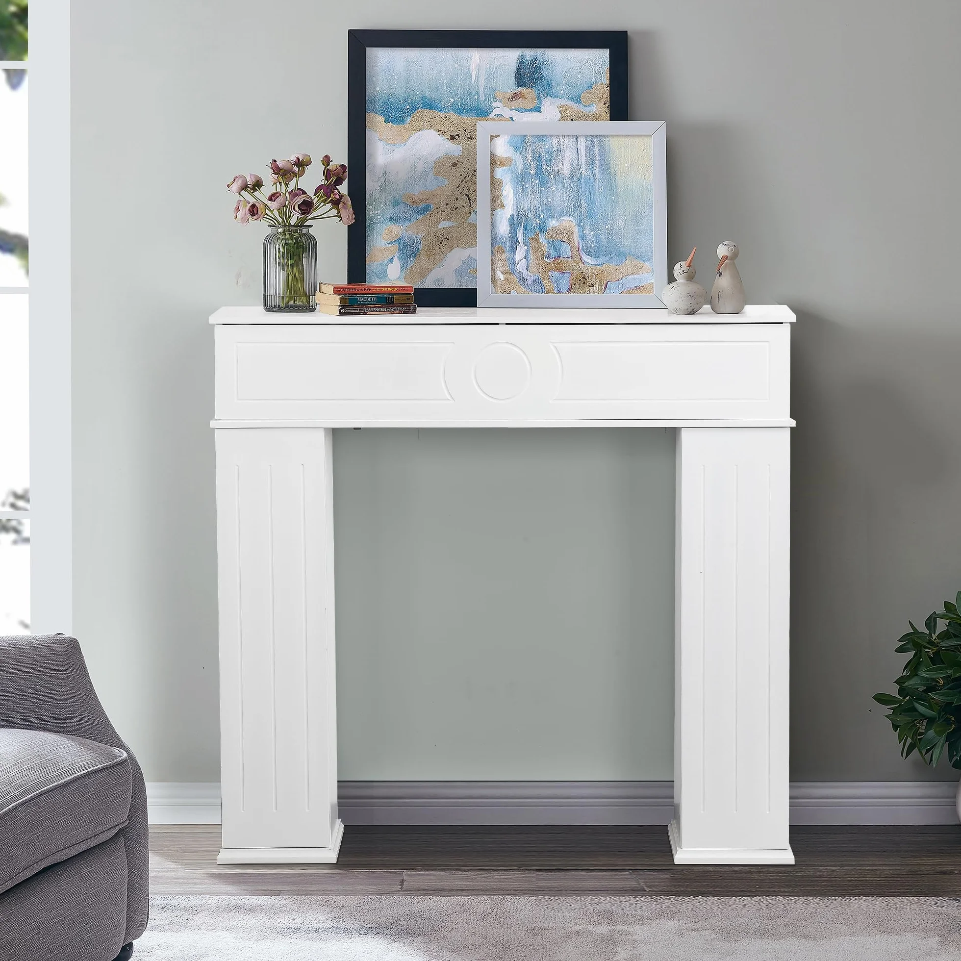 Kaminsims, 107 x 19 x 100 cm, weißer Kaminrahmen, Holz, 3 Türen, Möbel für Kamin, Konsole, Kaminsims, dekorativ, mit Aufbewahrung für Wohnzimmer, Schlafzimmer