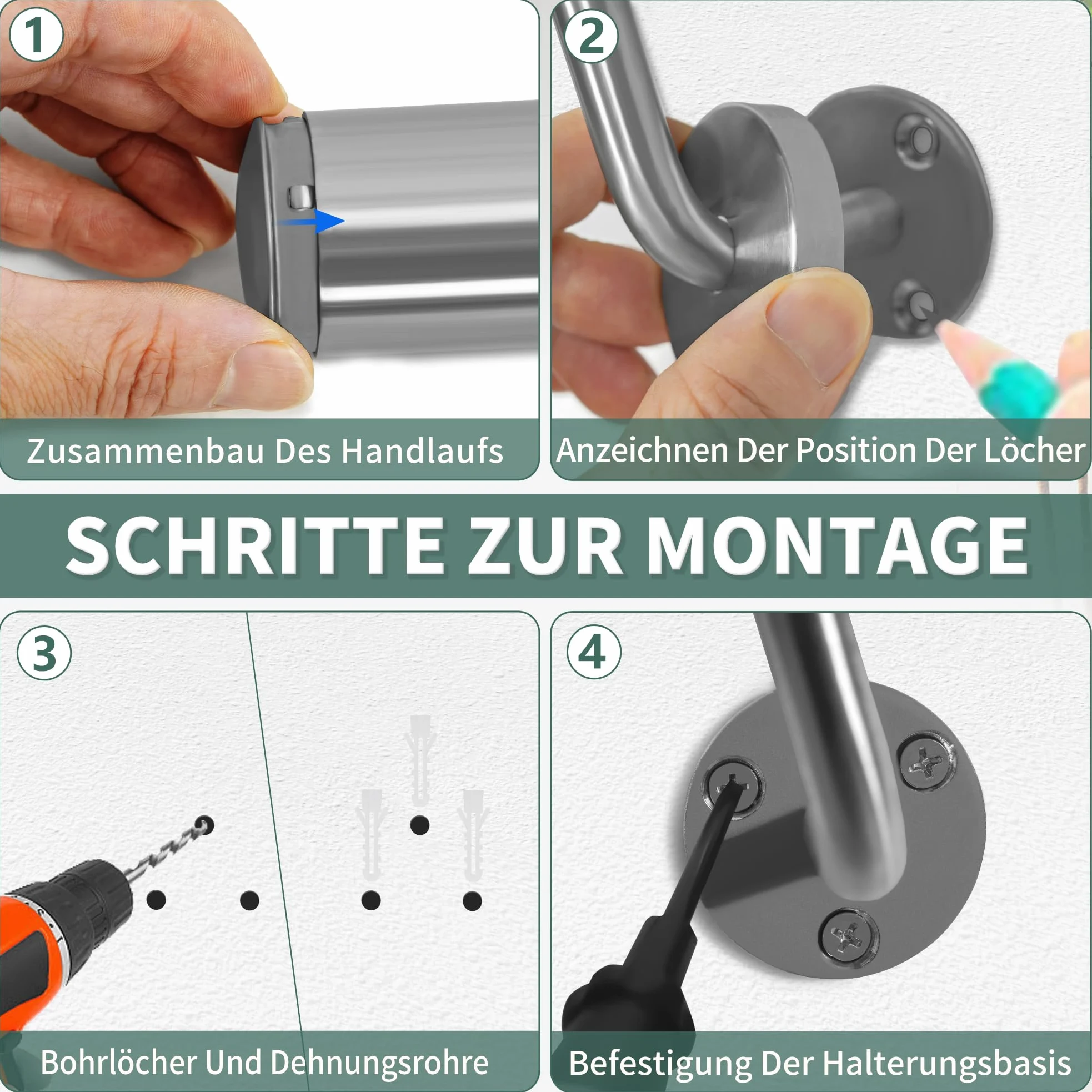 OUUTMEE Handlauf Edelstahl für Treppen 100cm Wandmontiertes Treppengeländer mit Halterungen,rund Ø 42 mm,Innen Außenhandlauf für Dachboden, Veranda, Garage Terrasse