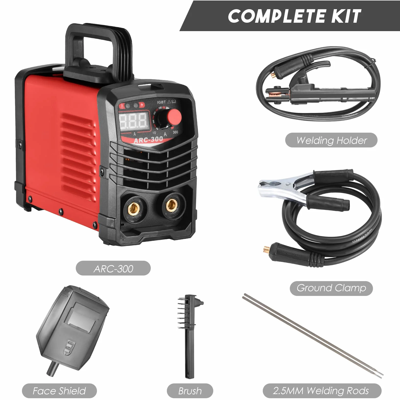 IGBT Inverter Schweißgerät 300A ARC MMA Elektroden Schweißgerät mit LCD Display tragbar 220V inkl. Schweißbrenner Masseklemme Schutzbrille Handschuhe Bürste und Stabelektroden-Rot