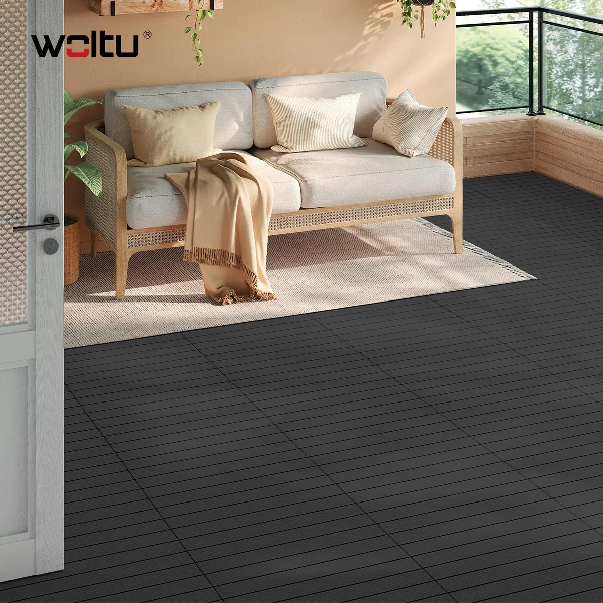 WOLTU WPC Fliese, Terrassenfliesen Holz-Optik, Bodenbelag mit Klicksystem, 30 x 60 cm, Anthrazit (12 Stück / 2 m²)