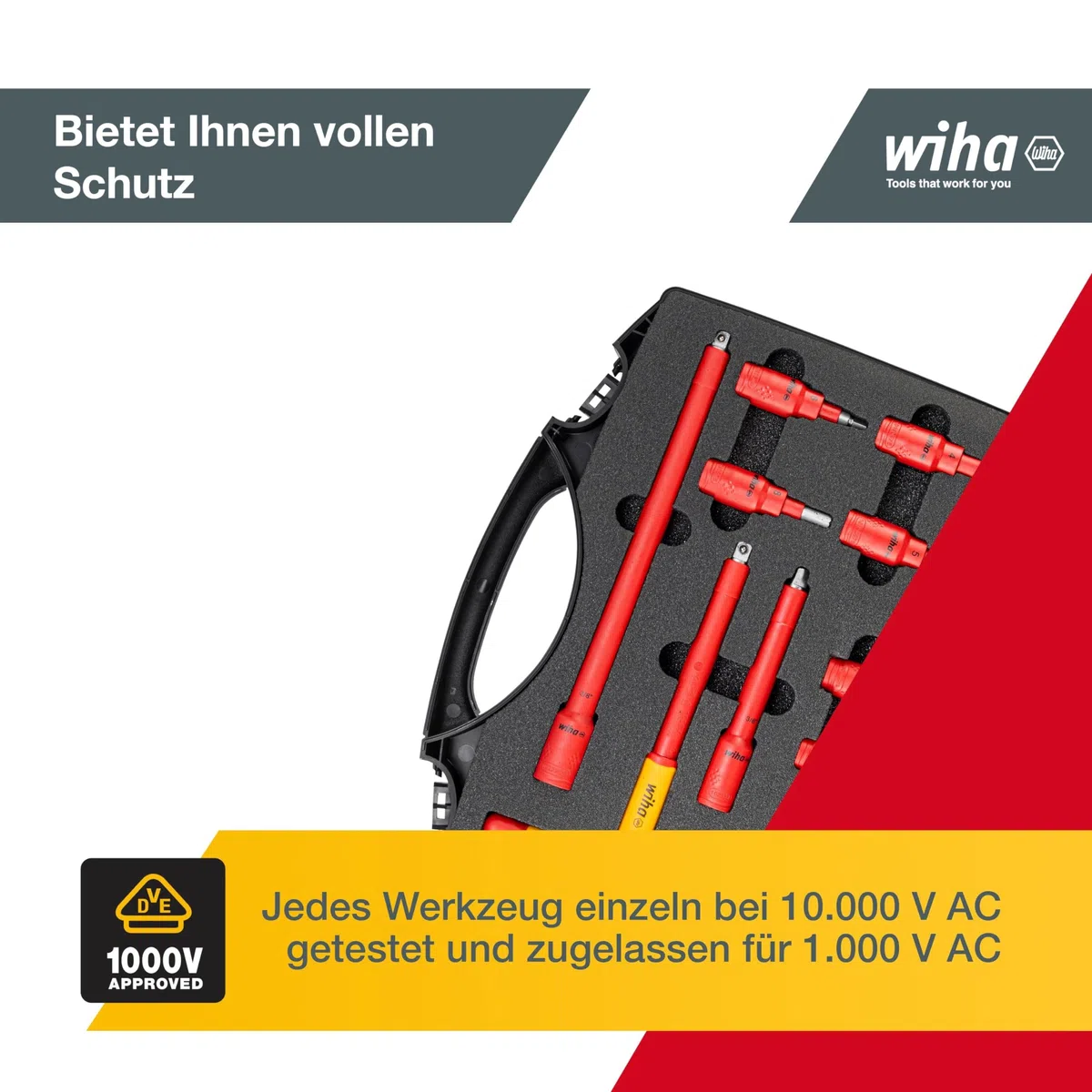 Wiha Ratschenschlüssel Set isoliert 3/8" 21-teilig mit Umschalthebel I Verlängerung und Quergriff Adapter I inklusive Koffer - Steckschlüsselset für effizientes Arbeiten (43023)