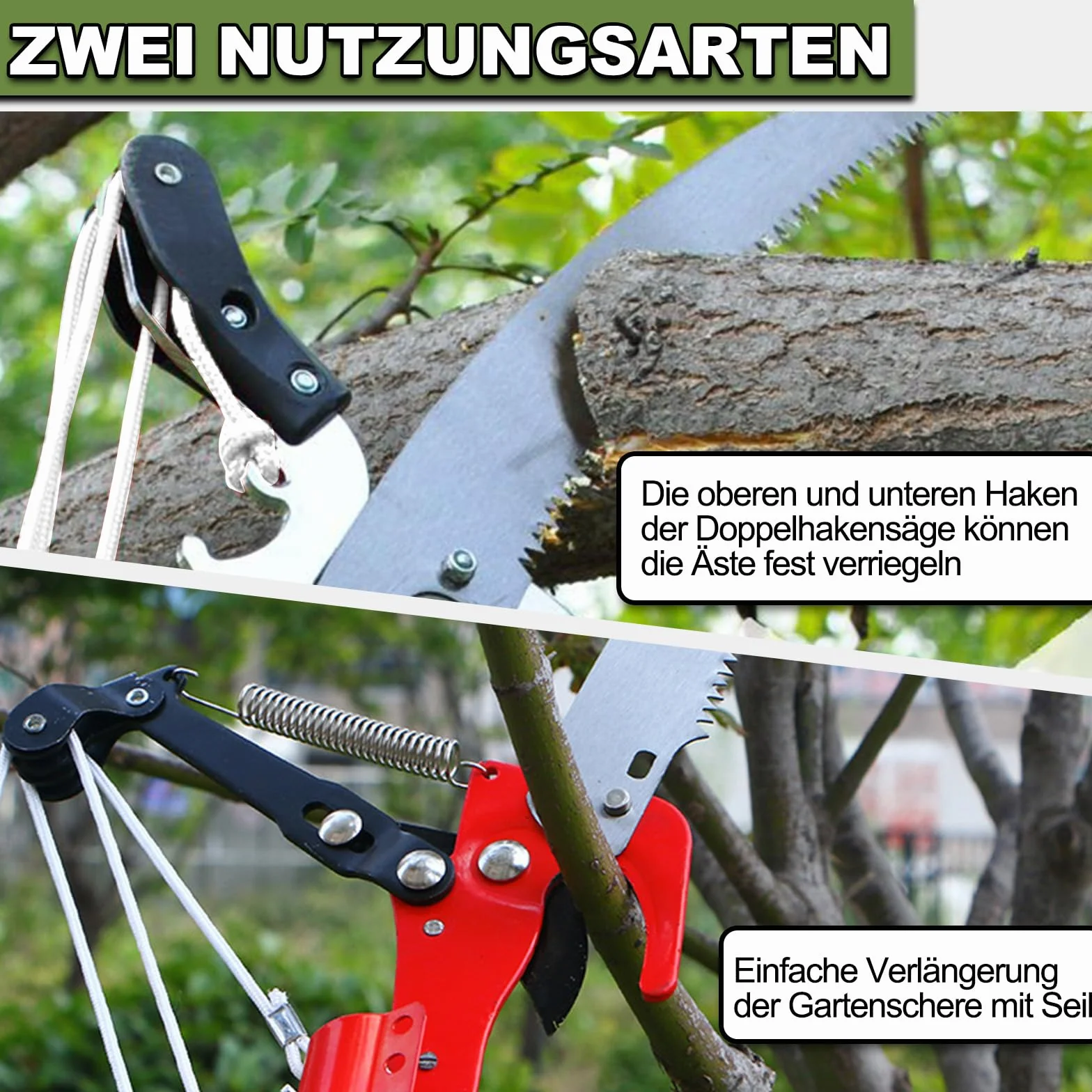 Astschere Teleskop mit Astsäge, 82-402cm Astsäge mit Teleskopstiel, Einstellbare Länge Seilzug Gartensäge Baumsäge, Leichter Edelstahl Teleskopsäge Hochentaster, Manuell Baumschere für hohe Äste