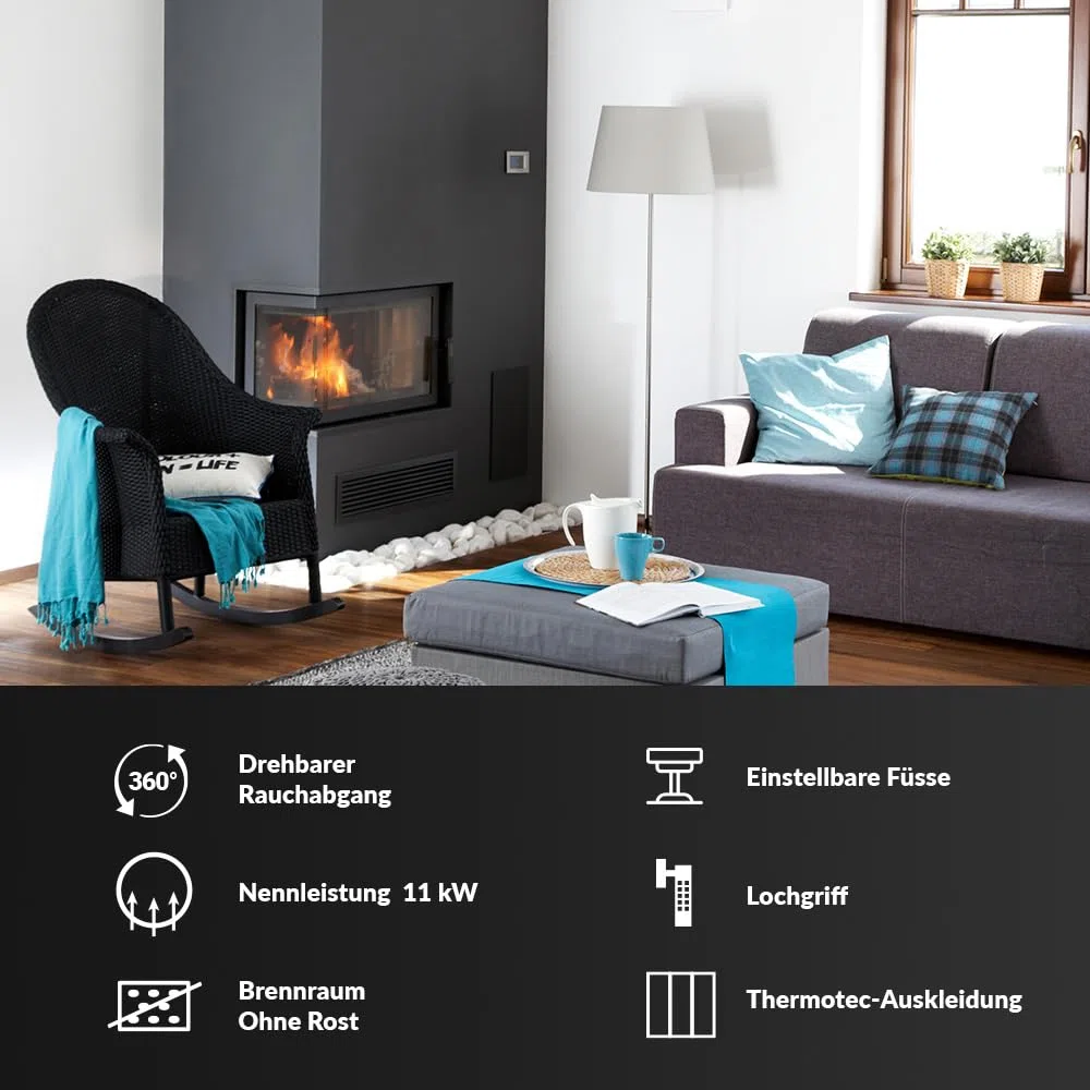 KRATKI Kamineinsatz aus Stahl ZIBI rechts 11 kW Ø 180 schwarz Verkleidung mit Türfeder