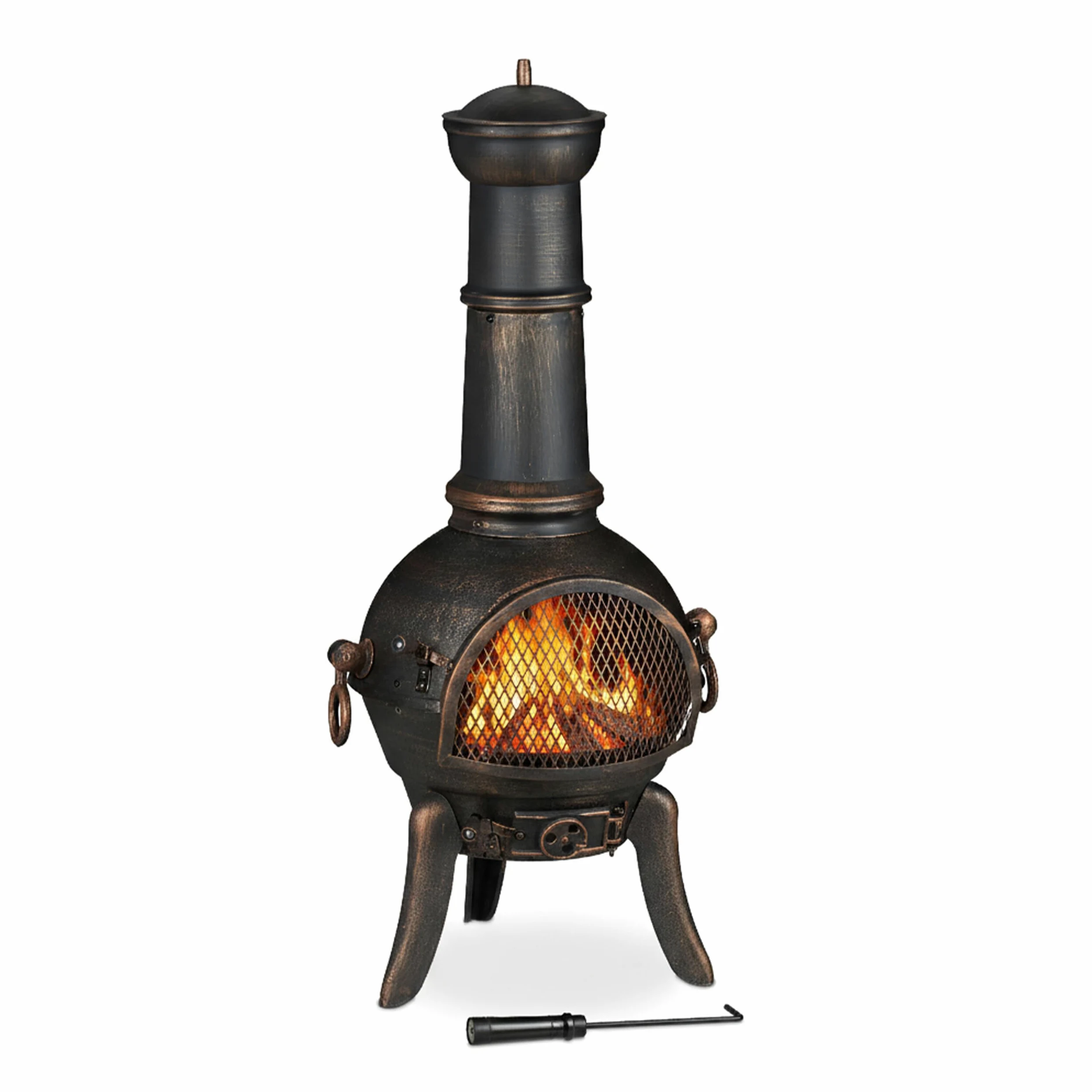 Relaxdays Terrassenofen, mit Funkenschutz, Schürhaken, Feuerrost, Zugluftklappe, Gartenkamin Gusseisen, Stahl, Bronze, 1 Stück