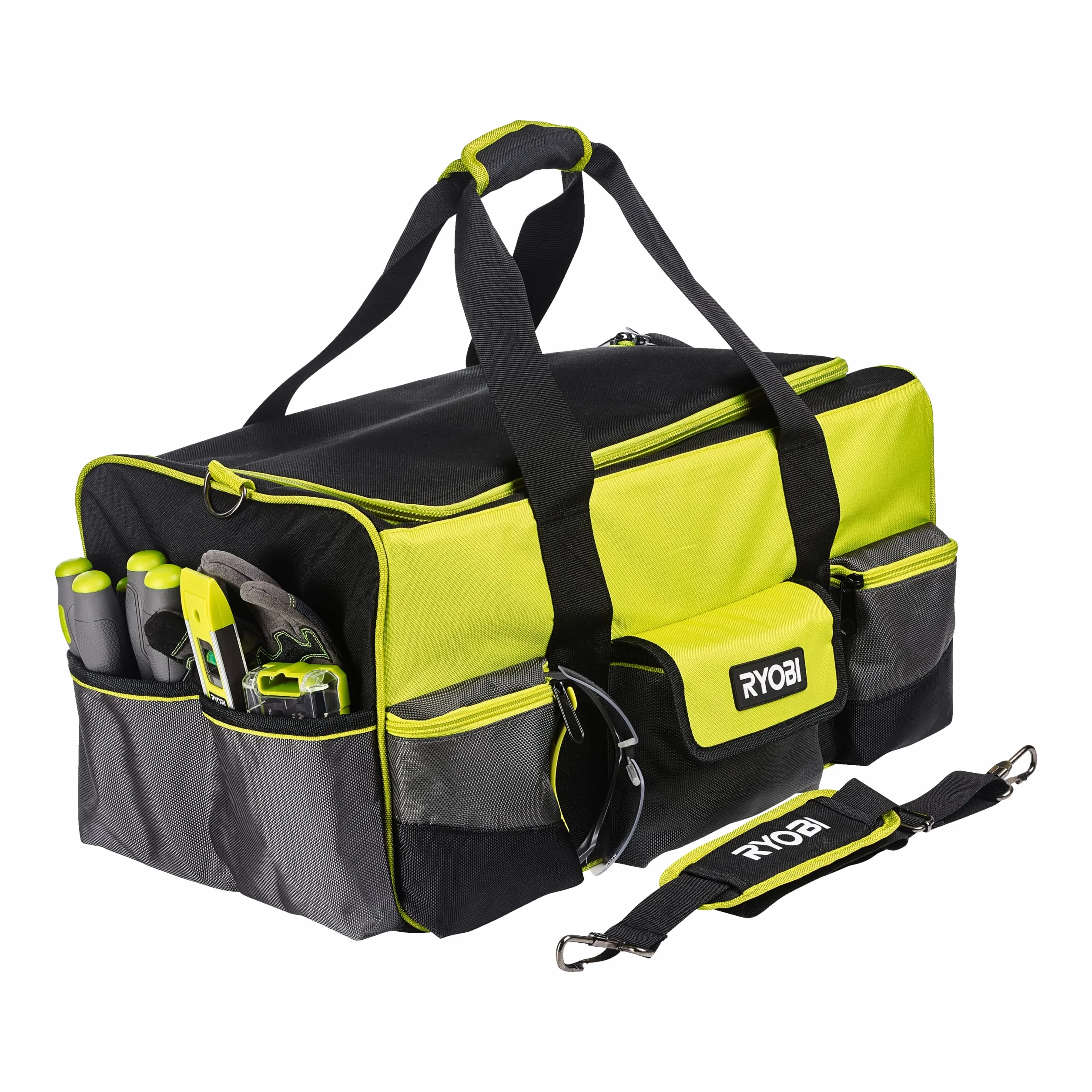 RYOBI Handwerkertasche mit Schultergurt Größe L RSSLTB1 (3 x Fronttaschen, 1x offene Tasche auf der Rückseite, 2 x Seitentasche, 8 x Schlaufen für Handwerkzeuge im Innenbereich, 1x Innentasche)