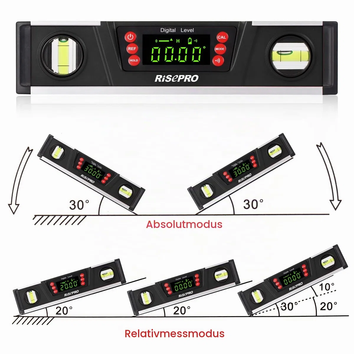 Digitale magnetische Wasserwaage und Winkelmesser – RISEPRO 10 Zoll IP54-geschützter elektronischer Blasen-Neigungsmesser, Winkelsucher, Messgerät mit großem VA-Display und Sockel mit V-Nut DL135-B