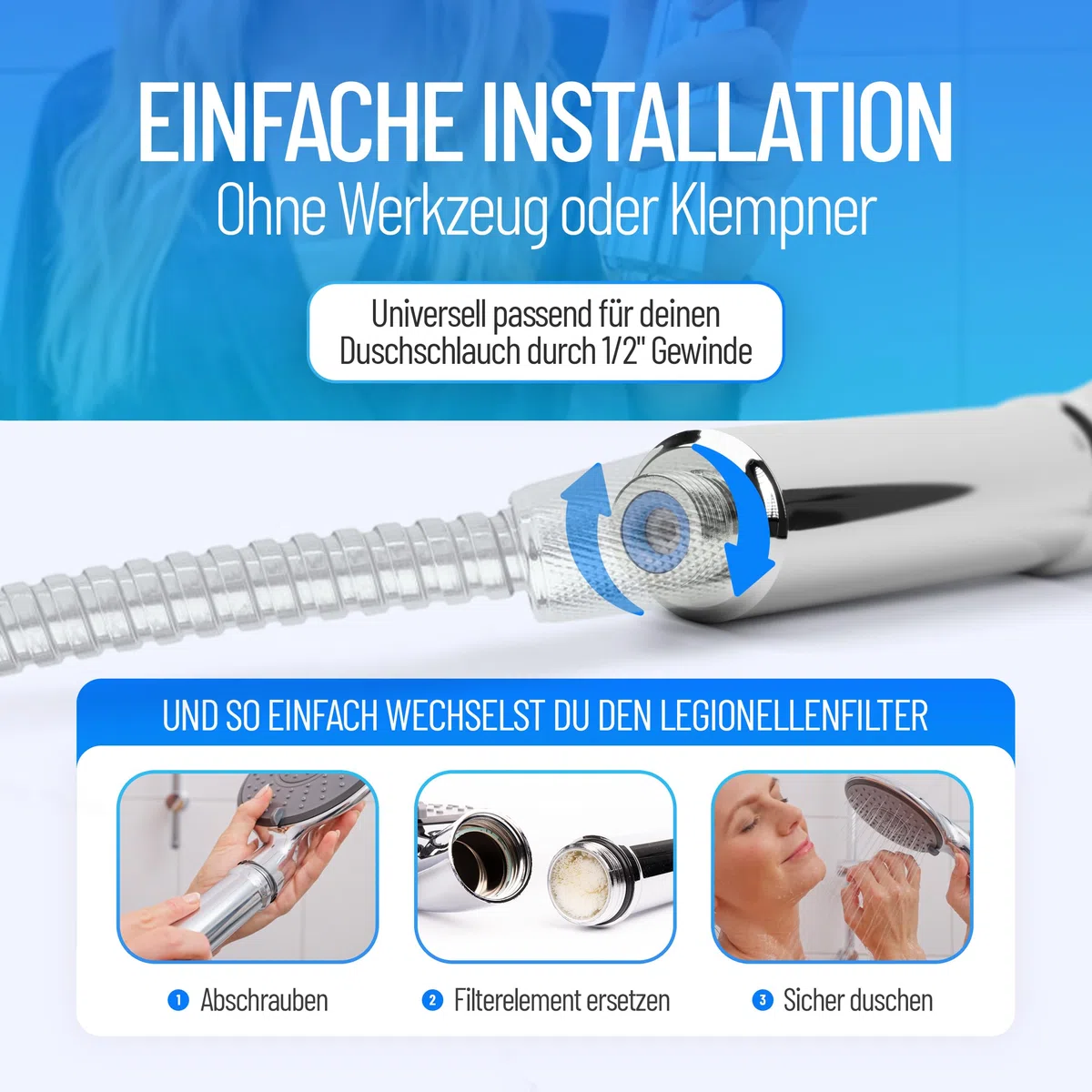Legionellenfilter Duschkopf, Langzeitschutz, formschön & diskret