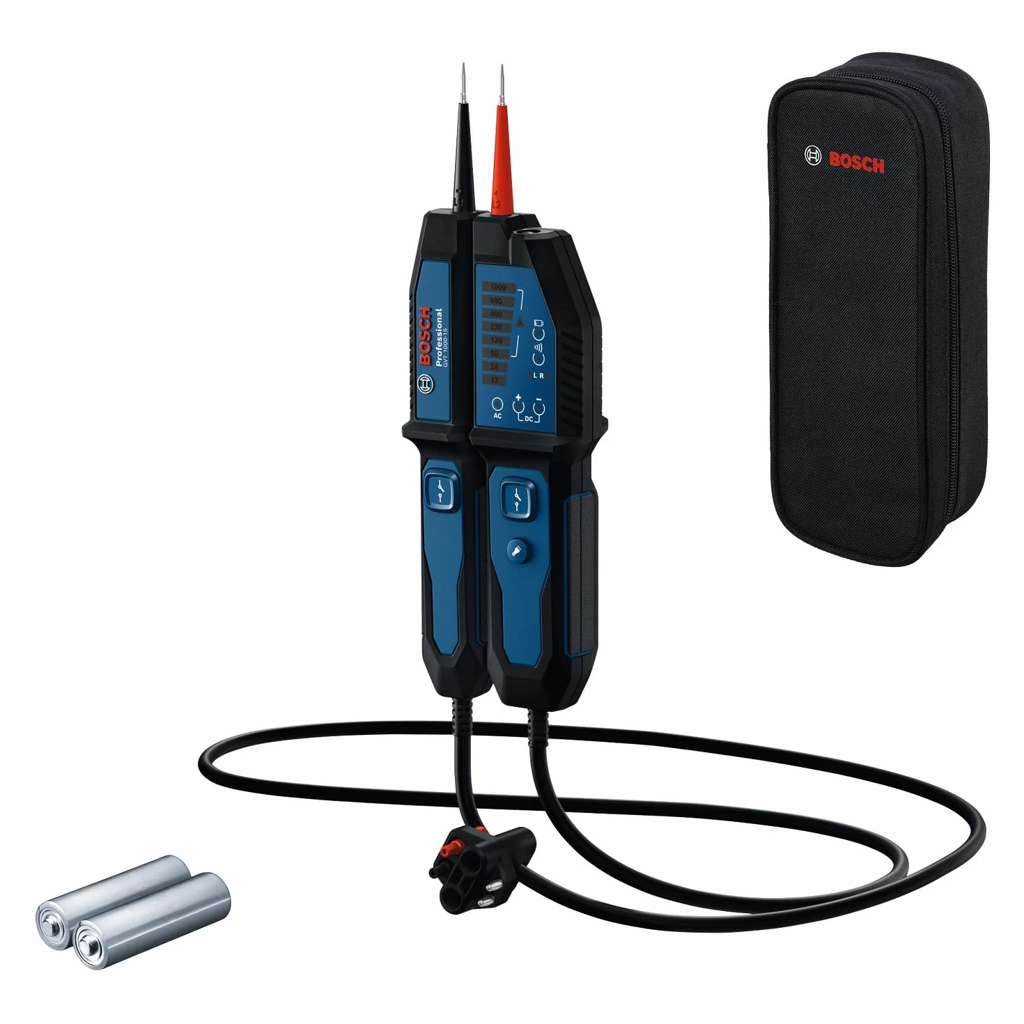 Bosch Professional Spannungsprüfer GVT 1000-15 (Spannungsprüfung bis 1000 V AC/DC, LED-Feedback, Summer, Vibrationsalarm, IP65, eingebaute Taschenlampe, 125 cm Kabel, 2x1,5 V LR03 (AA), Tasche)