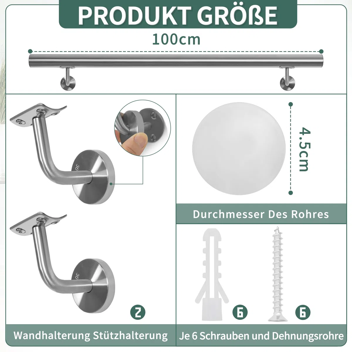 OUUTMEE Handlauf Edelstahl für Treppen 100cm Wandmontiertes Treppengeländer mit Halterungen,rund Ø 42 mm,Innen Außenhandlauf für Dachboden, Veranda, Garage Terrasse