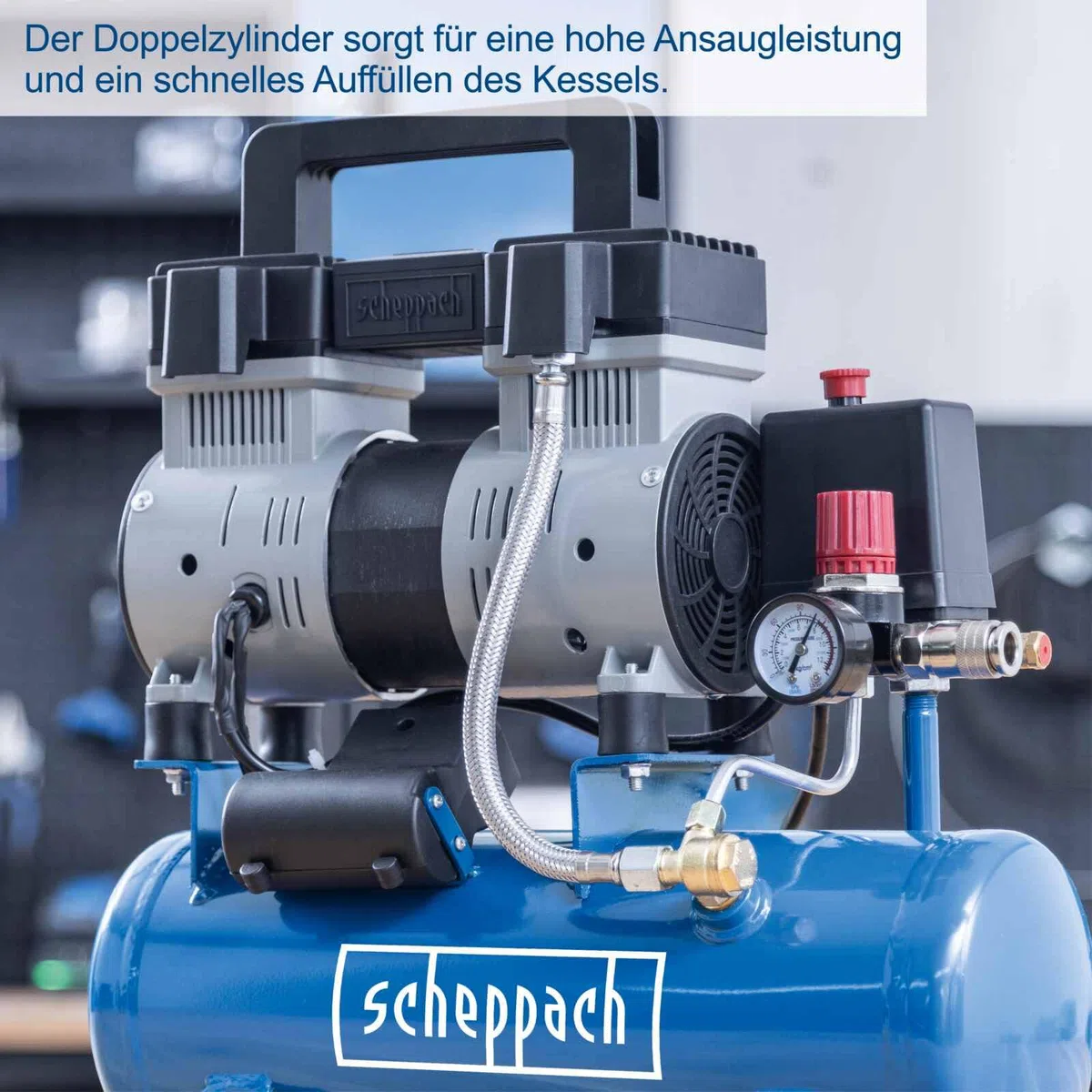Scheppach HC08Si Ultra Silent Kompressor klein inkl. 14-tlg Zubehörset | 8bar Arbeitsdruck | 6L Kessel | 1,5PS / 1100W | ölfrei & wartungsarm | Ansaugleistung 162 L/min | Leise Kompressor 67,4 db(A)
