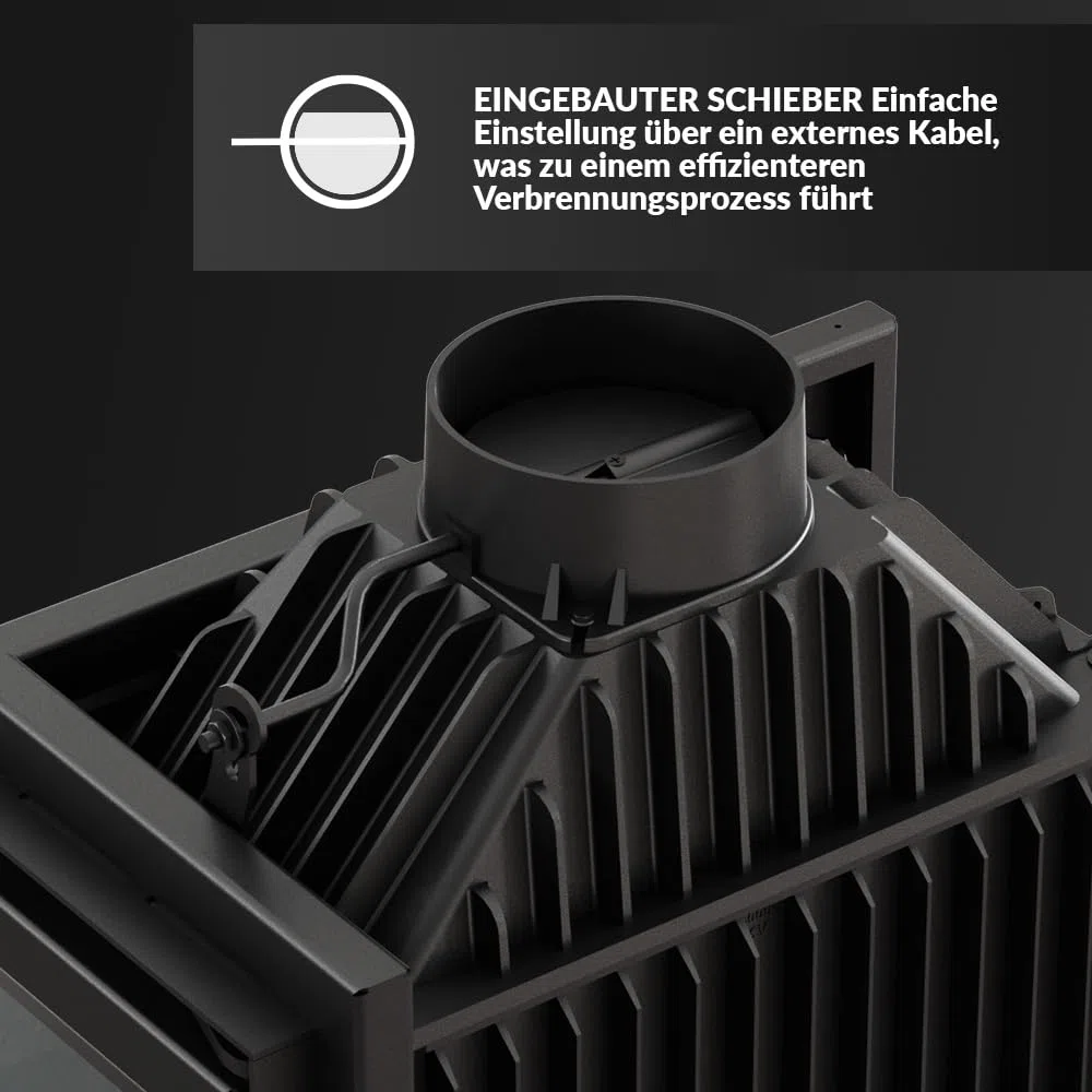 KRATKI Einfacher holzbefeuerter Kamineinsatz Lufteinlass BImSchV 2-konform 11 kW Thermischer Wirkungsgrad 75% Abgasauslass fi 200 mm dekorative Glasscheibe aus Gusseisen RightPlus Zubehör
