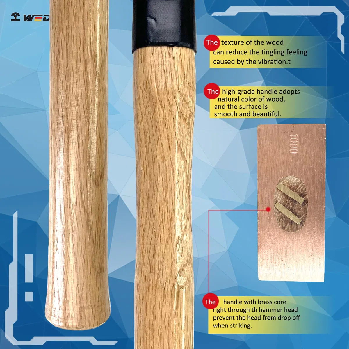 WEDO Kupferhammer,Schlosser-Hammer mit Holzgriff,500g Kupfer Fäustel,Länge 300mm,Trockenbauhammer,Stemmhammer,Abbruchhammer,Robuster Stiel,langlebig,Korrosionsschutz Vorschlaghammer