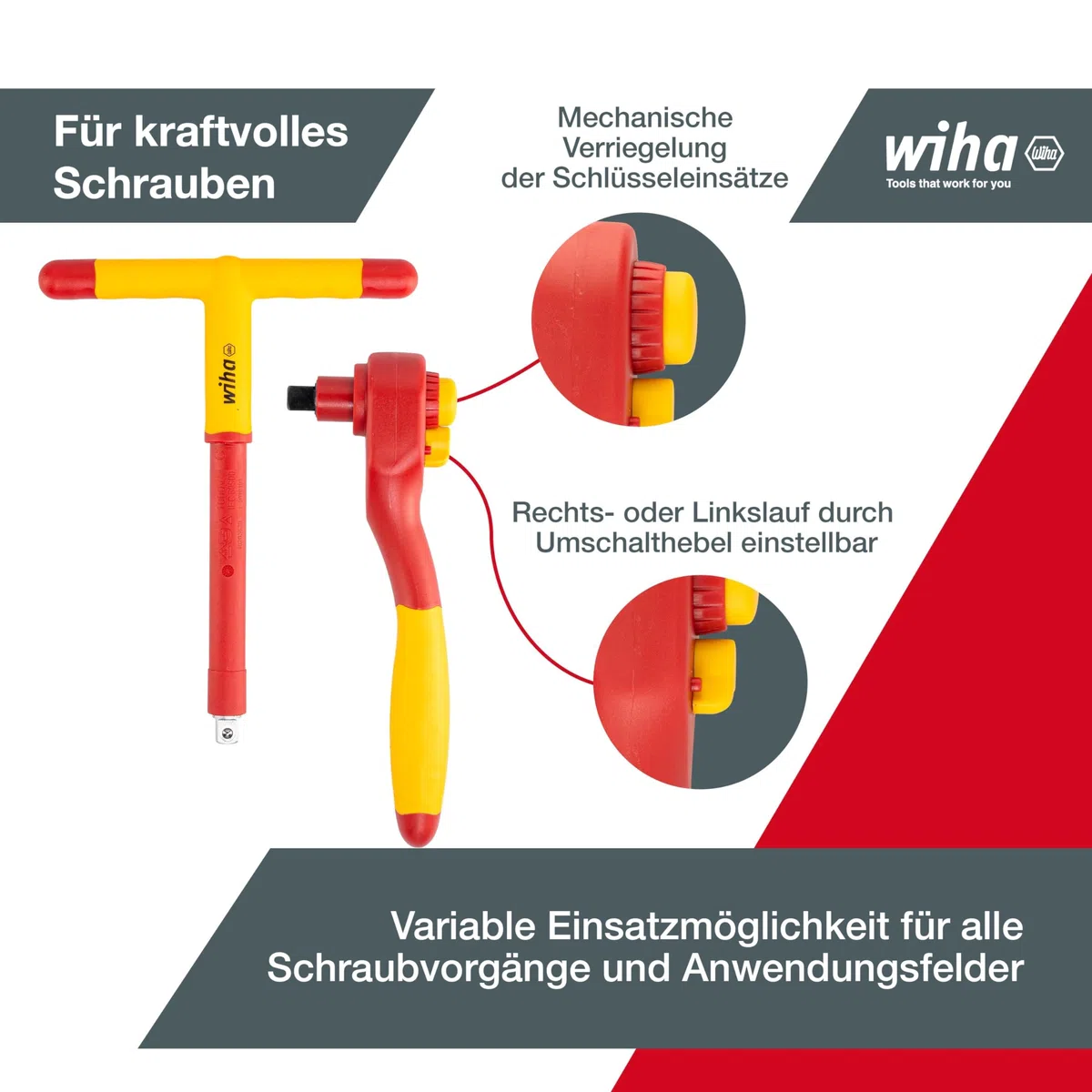 Wiha Ratschenschlüssel Set isoliert 3/8" 21-teilig mit Umschalthebel I Verlängerung und Quergriff Adapter I inklusive Koffer - Steckschlüsselset für effizientes Arbeiten (43023)