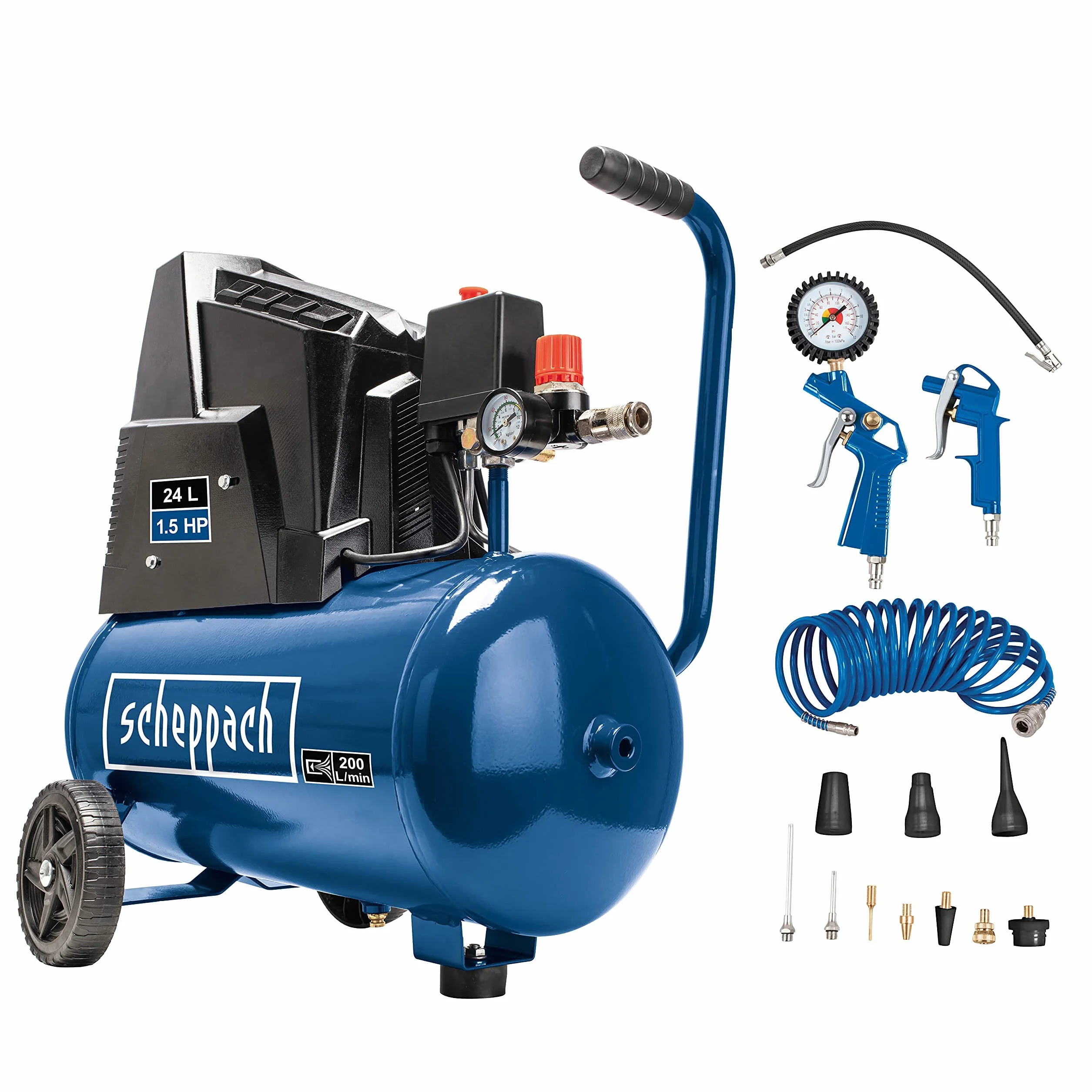 Scheppach Kompressor HC25o (1100W, 24 L,8 bar, Ansaugleistung 165 l/min, Druckminderer, ölfrei) - inkl. 13-teiligem Druckluft Werkzeug Set + 5 m Spiralschlauch