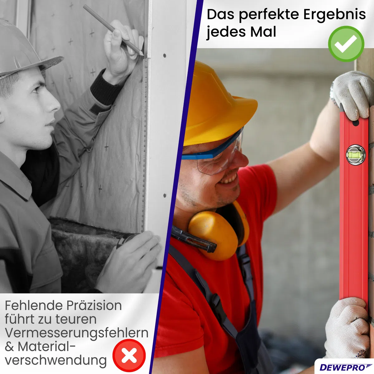 DEWEPRO Profi Wasserwaage Aluminium Rot 200 cm - Messgenauigkeit 0,5 mm/m | Robuste Alu-Wasserwaage mit 2 Blocklibellen, 49 x 22 mm Profil und schlagfesten Endkappen für exaktes Ausrichten.