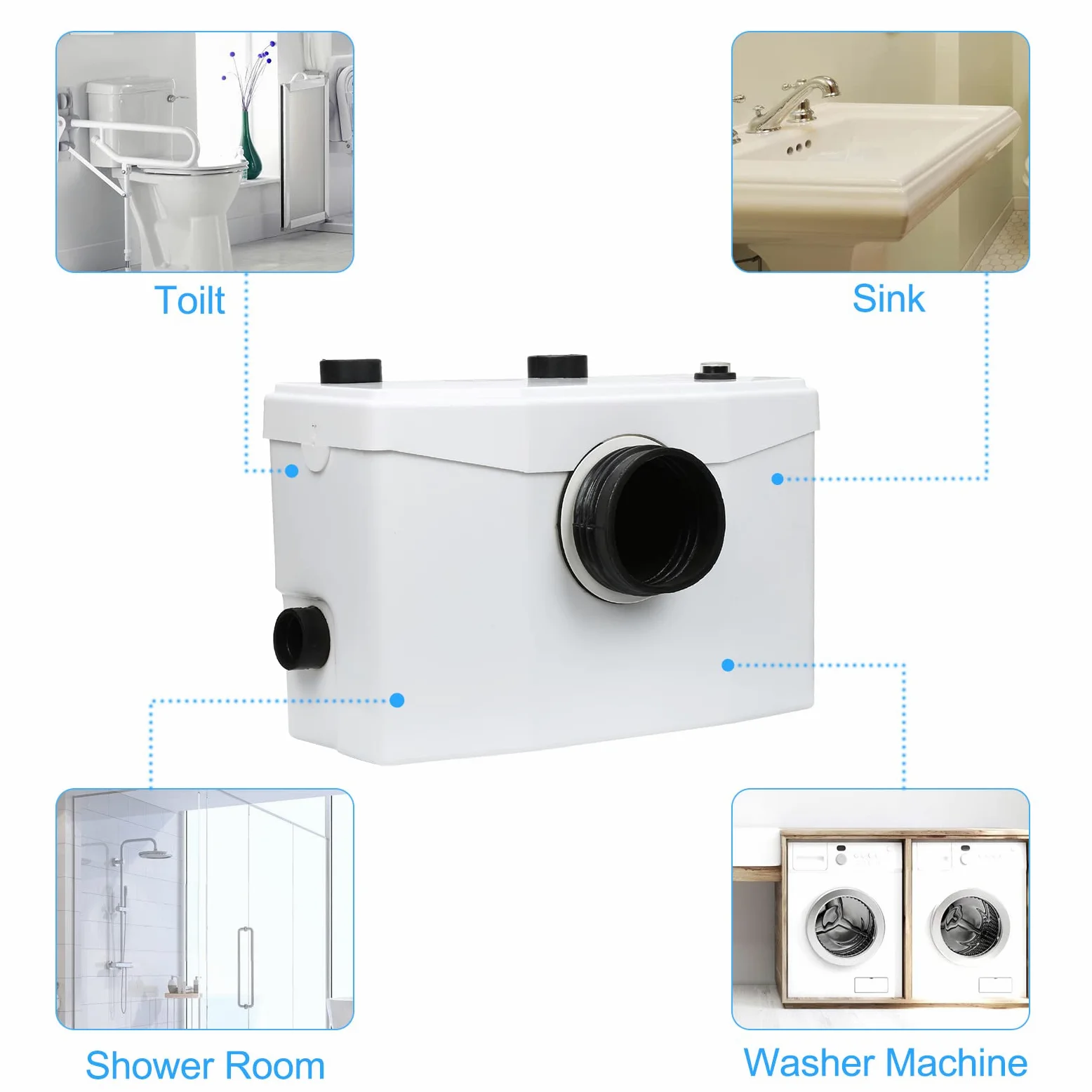 Fiqops Hebeanlage Waschmaschine, 700W 190 L/min Schmutzwasserpumpen, Fäkalienpumpe mit 4 Einlässe, Haushaltspumpe für Dusche Badewannen Waschbecken Waschmaschine Spülmaschinen
