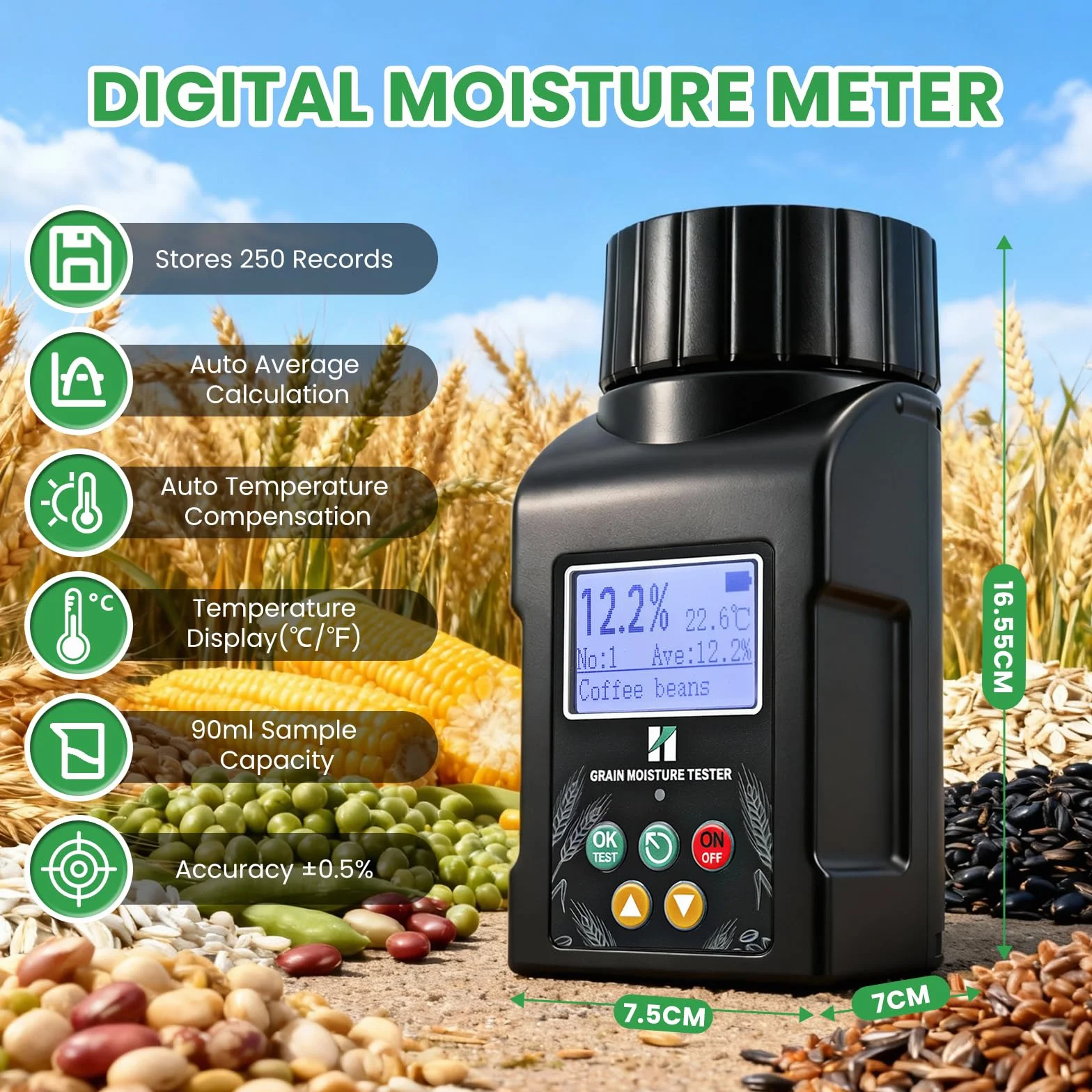 Huanyu Getreide Feuchtigkeitsmessgerät Grain Moisture Meter für 40 Sorten, ±0.5% Genauigkeit, Feuchtigkeitsmesser mit 14 Sprachen inkl. Deutsch, Temperaturkompensation, für Weizen, Rohkaffee und mehr