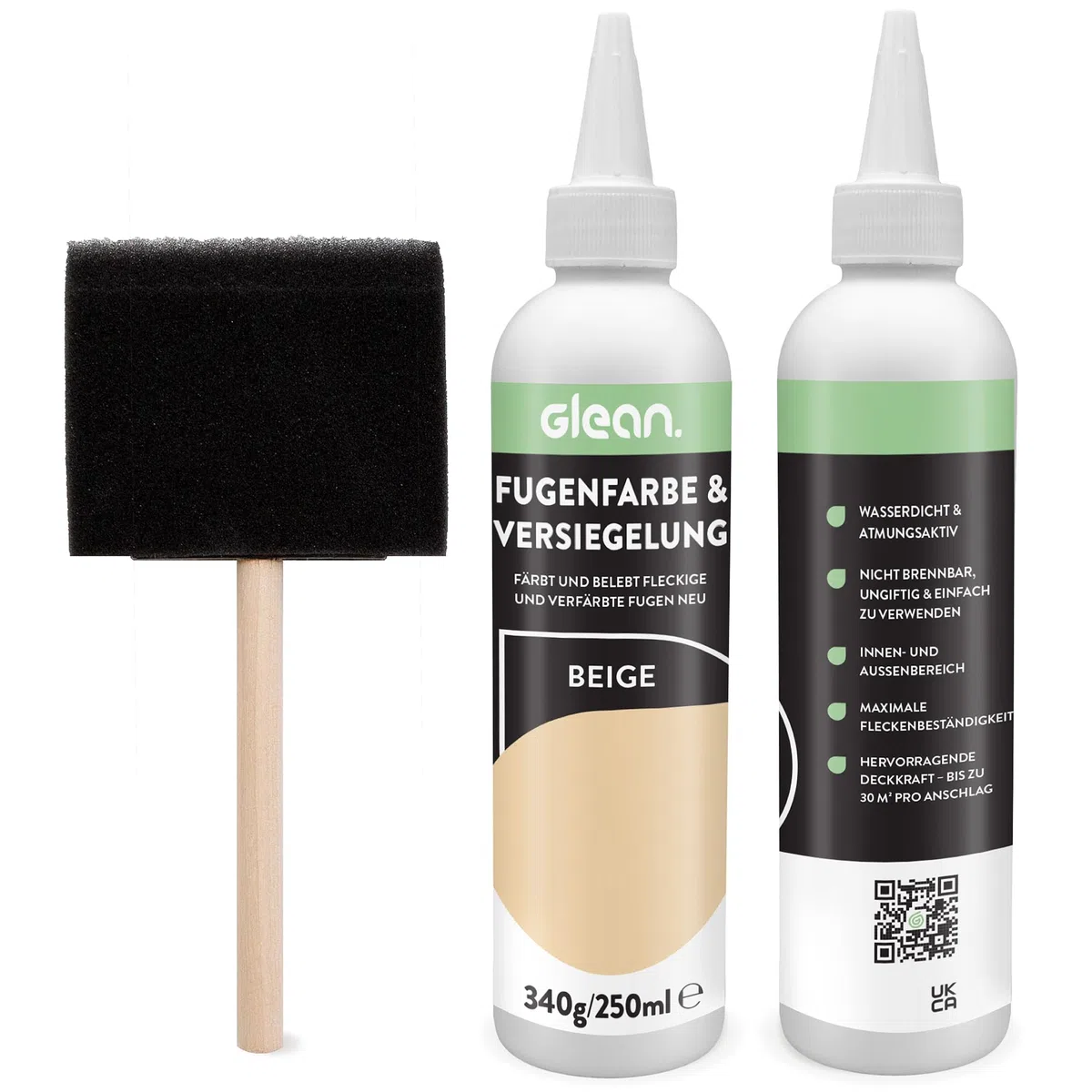 GLEAN Fugenfarbe & Versiegelung Beige | 340g | Erneuert & schützt Fliesenfugen | Mit Schaumstoffpinsel | Atmungsaktiv & fleckenresistent | Für Bad, Dusche & Küche
