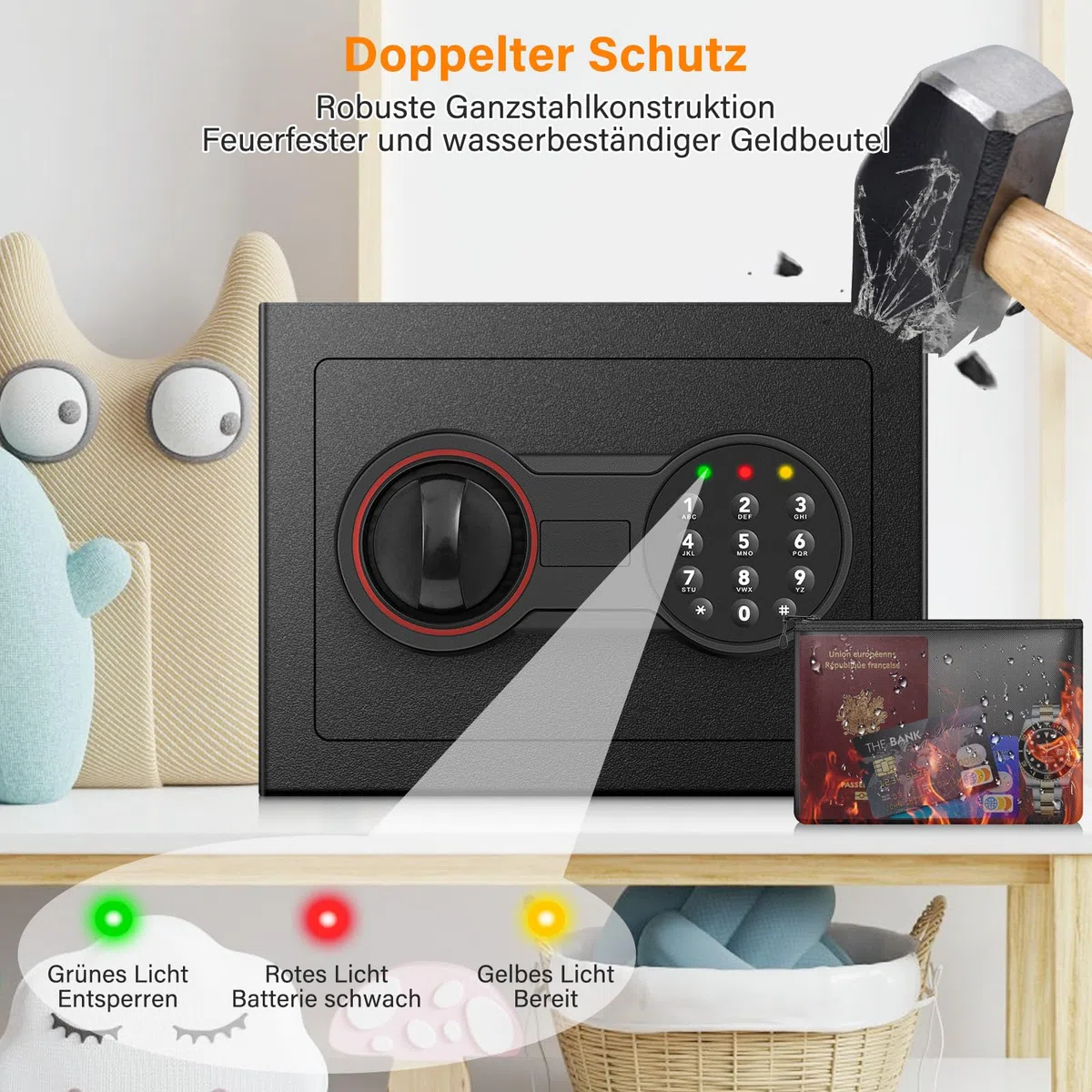Mini Safe Tresor mit Zahlenschloss Schlüssel, MöBeltresor Klein mit Feuerfeste Tasche, Kleiner Tresor für Zuhause Sicherheitssafe,Tresore Kinder für Geld Medikamente Wertsachen Bargeld