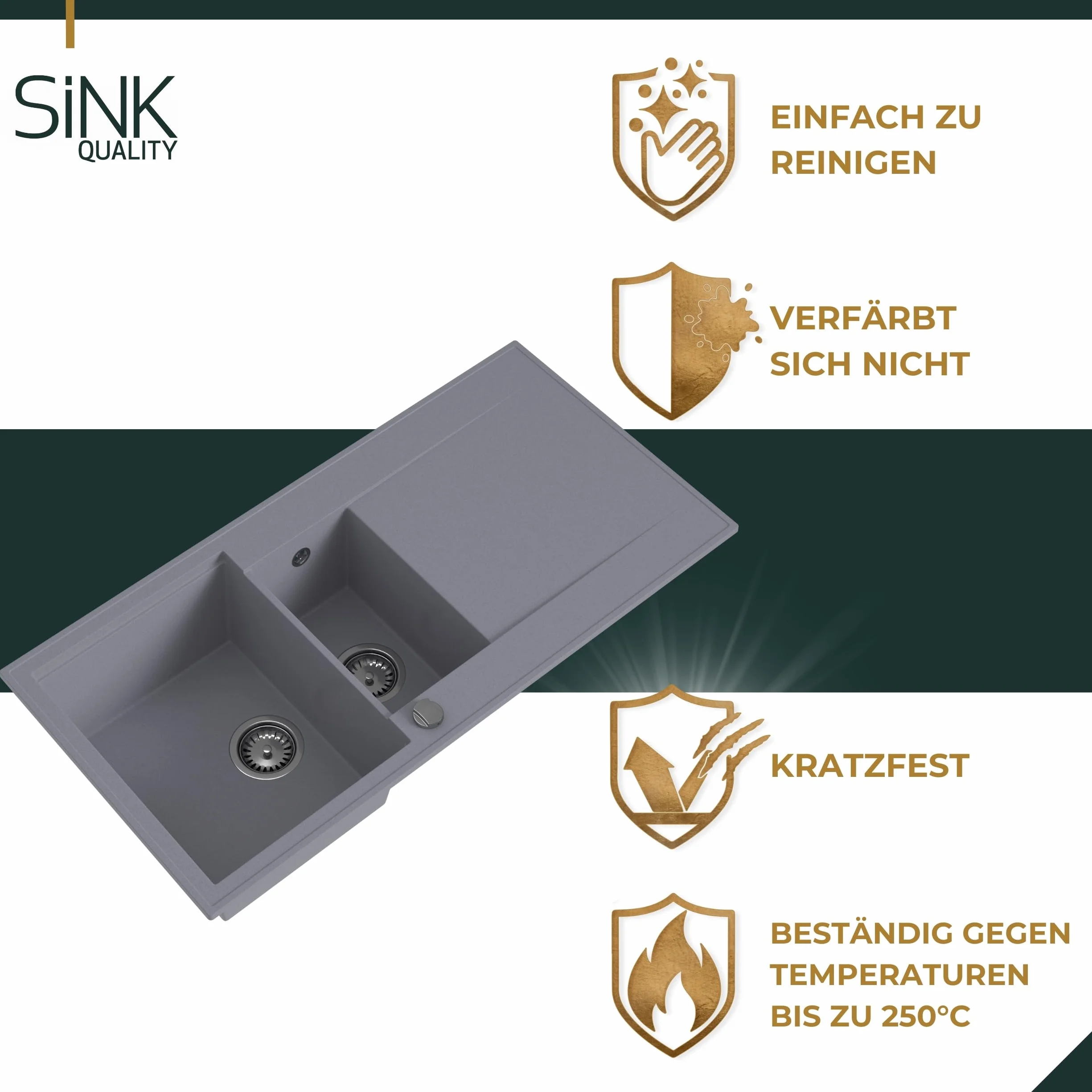 SINK QUALITY Spülbecken beige 100x50 cm, Granitspüle 1,5 Becken, Spüle mit Siphon und Imprägniermittel, Küchenspüle ab 60er Unterschrank