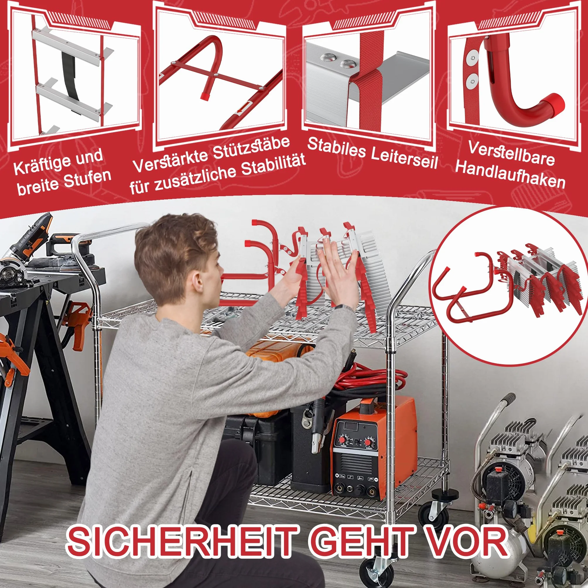 LZQ Feuerleiter Fluchtleiter,Sicherheitsleitern Feuerfeste Rettungsleiter aus Hochfestes Polyester,Max Tragfähigkeit 450 kg,Strickleiter für 2-stöckige Gebäude Balkon Fenster (15 M (45 Stufen))