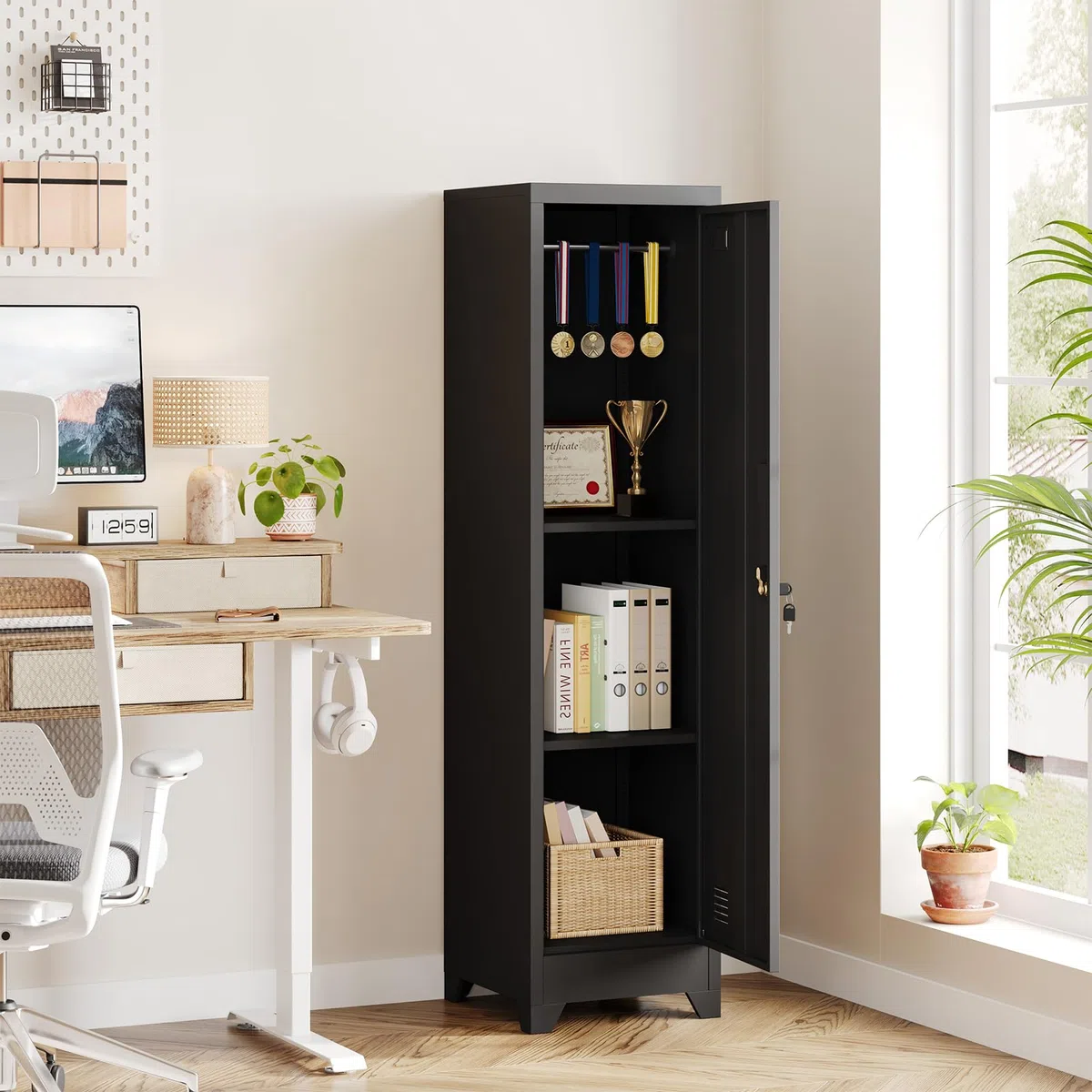 Dripex Metallschrank mit Hängestange, Stahlschrank Aktenschrank abschließbar Aufbewahrungsschrank Mehrzweckschrank Stahlspind für Schule Haus Büro Garag, Schwarz, 150 x 38 x 38 cm