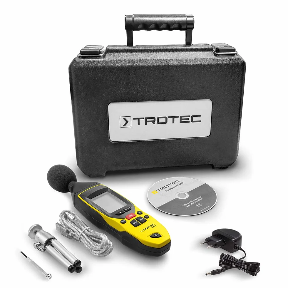 TROTEC Dezibel Messgerät SL400 – Schallmessgerät geeicht, mit Aufzeichnung – Messbereich 30 bis 130 dB (A), Klasse 2, Speicher 32.700 Messwerte, Komplett-Set
