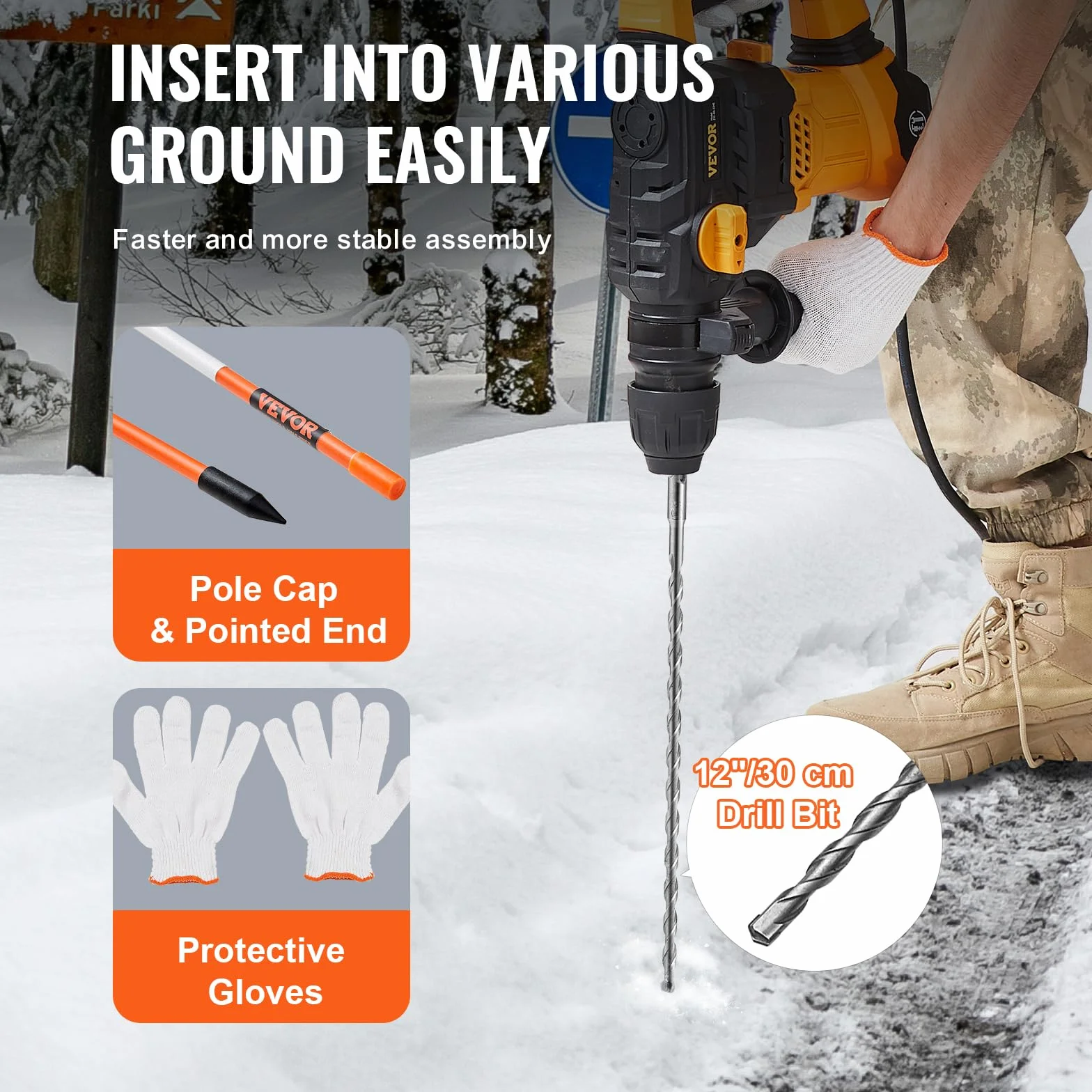 VEVOR 50er-Set Schneestangen 47,8 Zoll (121,5 cm) Auffahrtstangen orange UV-beständige Beschichtung Reflektierende Einfahrtsmarkierung Inkl. 1 Paar Schutzhandschuhe und 1 extralangen Stahlbohrer