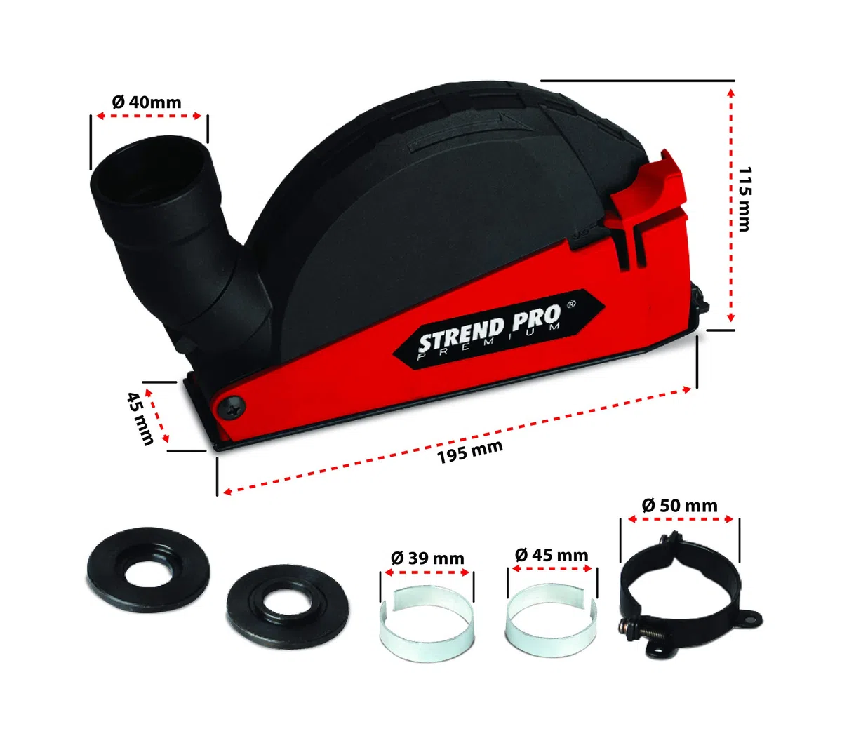 STREND PRO Absaughaube 125 mm Universal Fit Flex Absaugung für Winkelschleifer 125 mm mit 3 Adaptern 39/45/50 mm und 1 Unterlegscheibe