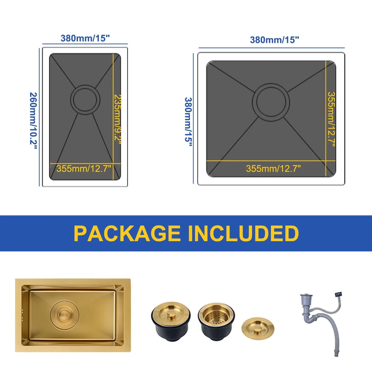 Gold Bar Mini-Spüle, Unterbau, Drop-In Bar-Spüle, Topmount kleine Küche, Einzelbecken, Edelstahl-Arbeitsplatzspüle mit Zubehör-Set, 21,3 cm tief (38 x 38 cm)