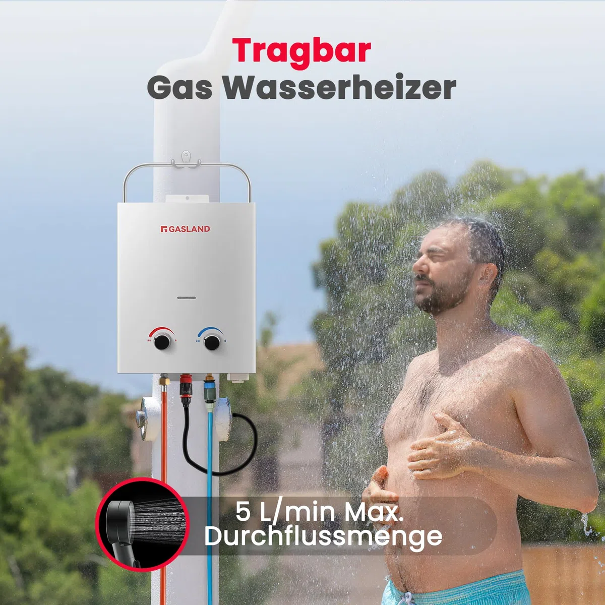 GASLAND AS132 Pro-DE Tragbarer Gas-Durchlauferhitzer, 50mbar(Butan oder Propan), 5L lpg Gas-Wassererhitzer mit Wasserpumpe und Rohrsieb für RV Camping Dusche Waschen Pferd
