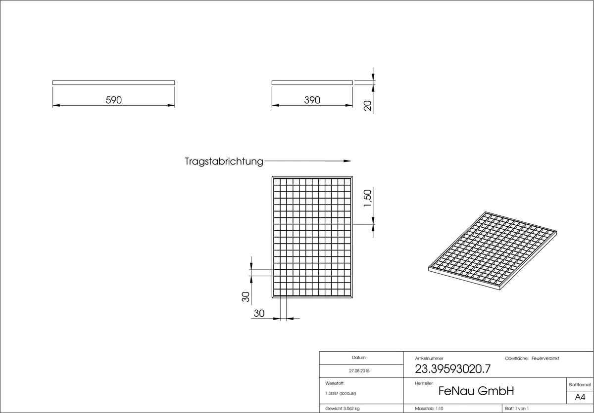 Fenau - 390 x 590 x 20 mm - Gitterrost, MW: 30/30 mm, verzinkt, Rost für Zarge: 400 x 600 x 23 mm, Bau-Normrost für Lichtschacht