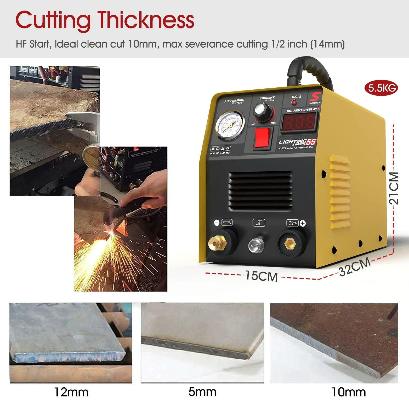 SUSEMSE Plasmaschneider 55 Ampere IGBT Inverter Plasma Cutter CUT55 Plasma Schweißgerät (DC, 230V, Schneidstrom 20-55A, Schneidleistung max bis 14mm) - mit Plasmabrenner und Plasma Düsen Set