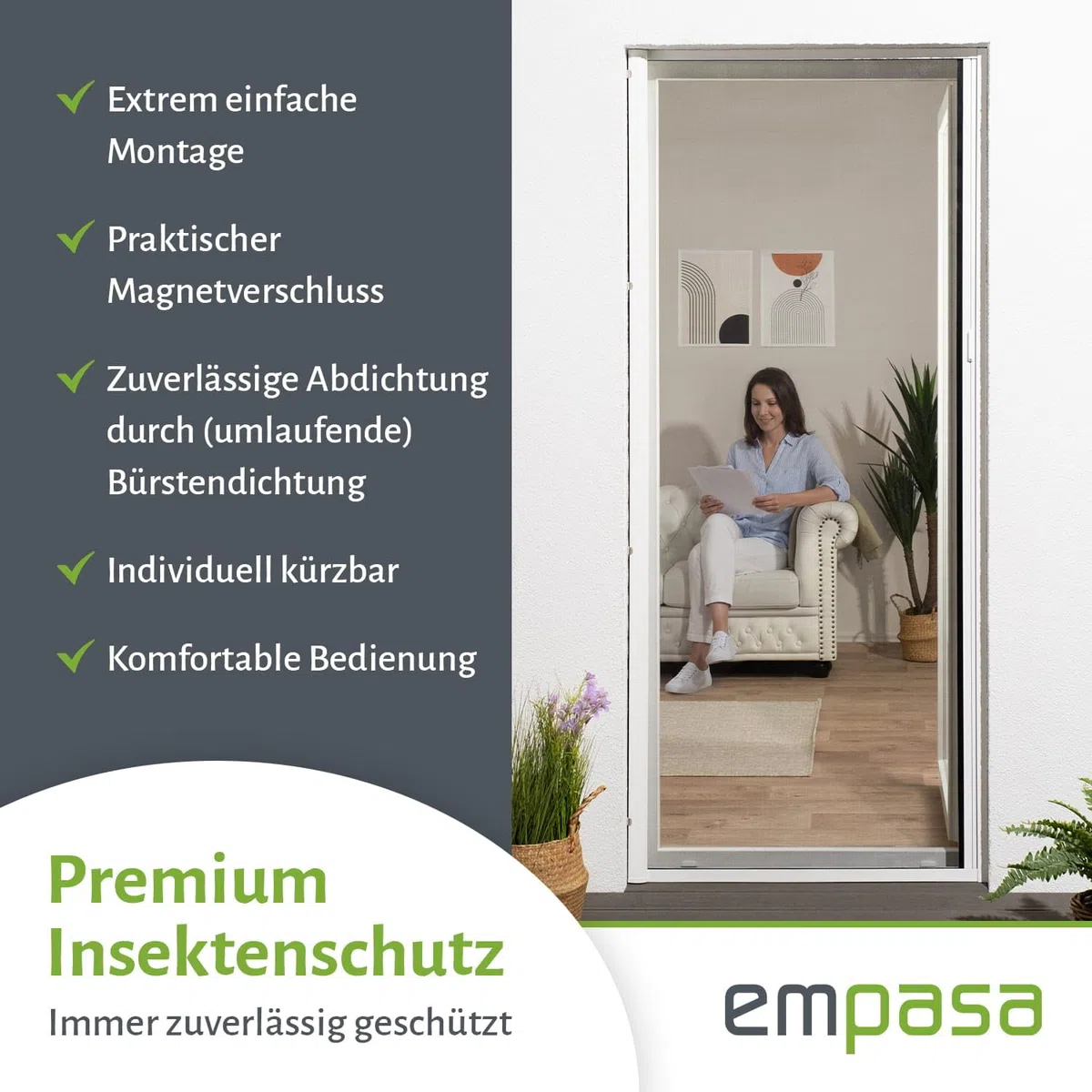 empasa Insektenschutz Fliegengitter Tür Rollotür Insektenschutzrollo FLASH Schiebetür Rollo ausziehbar, individuell zuschneidbar, Farbe:weiß, Größe:125 x 220 cm