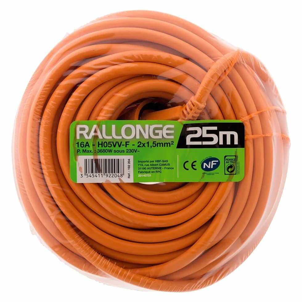 Zenitech - Verlängerungskabel 16A HO5VV-F 2x1,5mm² 3680W / 230V - Perfekt für Rasenmäher & Grills - Widerstandsfähig gegen Witterungsbedingungen - Entspricht den NF- & CE-Normen - Orange - Länge 25m