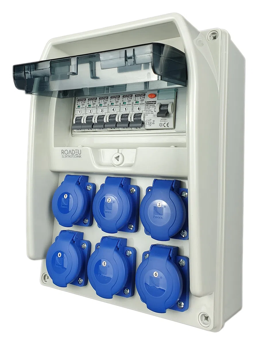 RoadEu Stromverteiler, 6x Schuko Steckdose mit Leitungsschutzschalter - Baustromverteiler mit Fi Schutzschalter und 6x Sicherungsautomat "C" 16A. Einzelphase