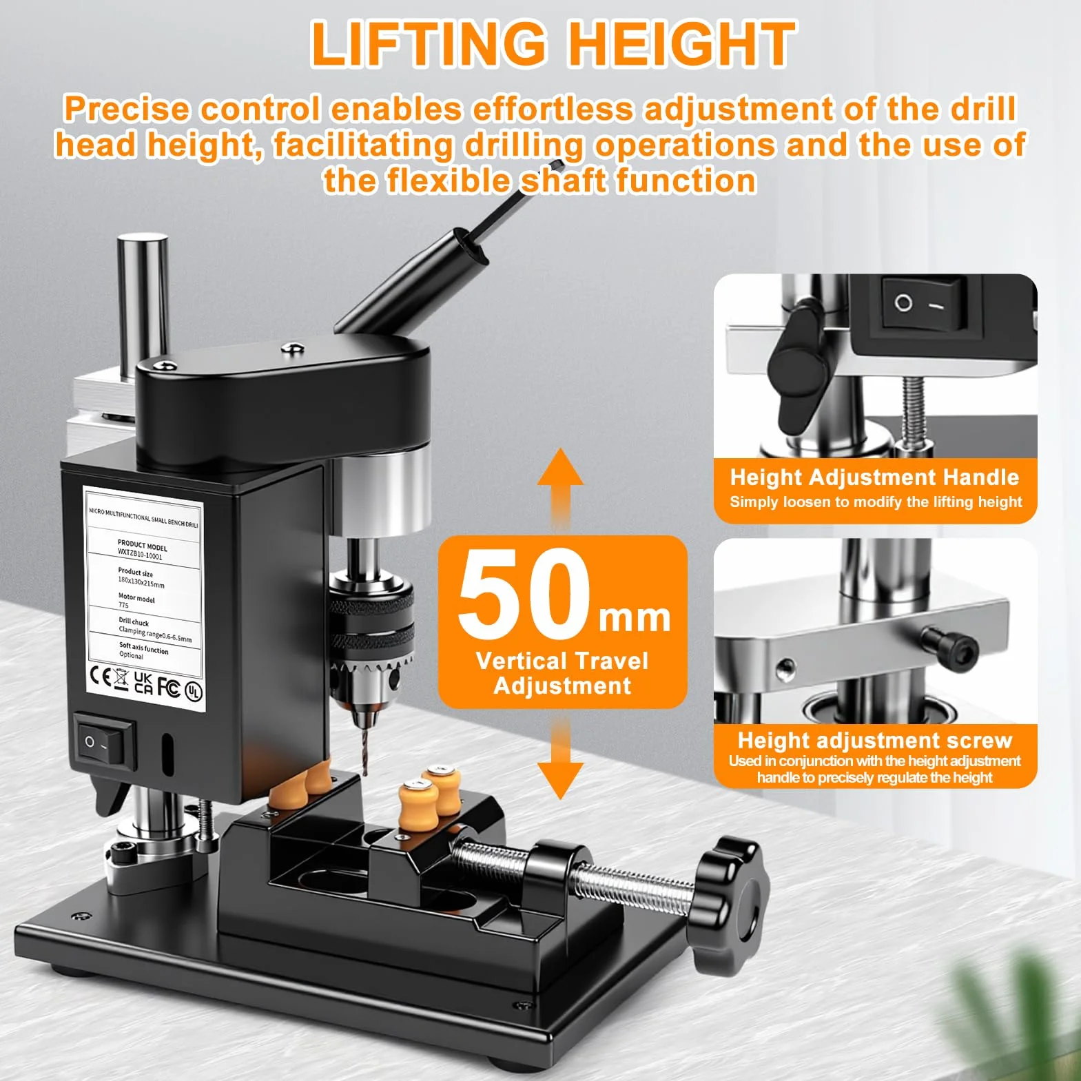 Mini Tischbohrmaschine, 200W Standbohrmaschine, Ständerbohrmaschine Klein 4000rpm, 7 Gang Einstellbare, 775 Motor, Flexiblem Wellenaufsatz, Bohrhub 50mm für Holz, Metall, Kunststoff, Aluminium