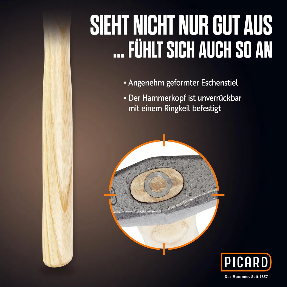 PICARD Schweifhammer Nr. 175 ES 500g | Profi-Qualität für Dachdecker-Dachklempner | Robust & Präzise | Ergonomischer Eschenstiel | Hammerschlag-Grau | Spezialstahl | Made in Germany seit 1857