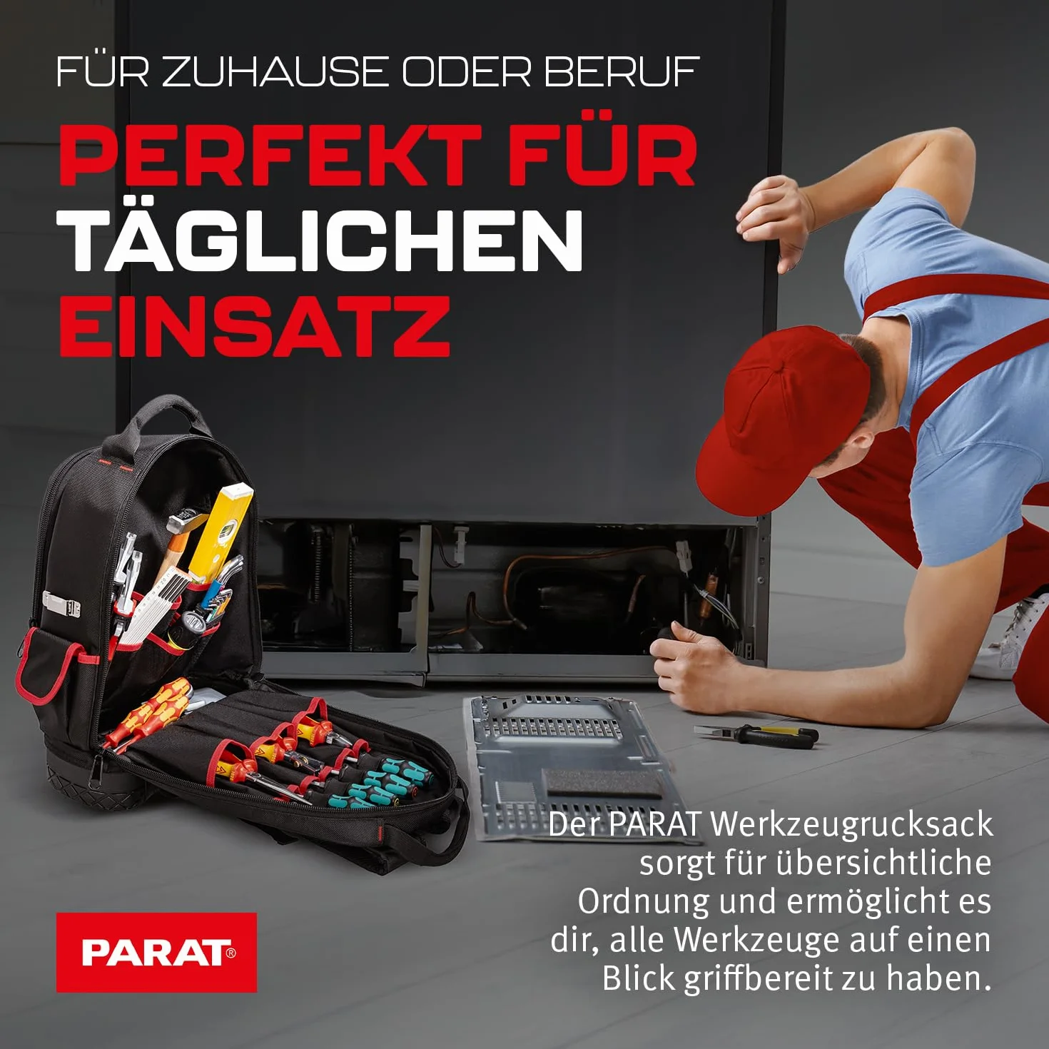 PARAT BASIC Backpack | Inkl. BASIC Roll-Up Case 8 | Werkzeugrucksack 23L für Elektriker | Robuster Nylon Rucksack | Werkzeugrucksack mit 15 Fächern & 6 Gummischlaufen | Elektriker Rucksack