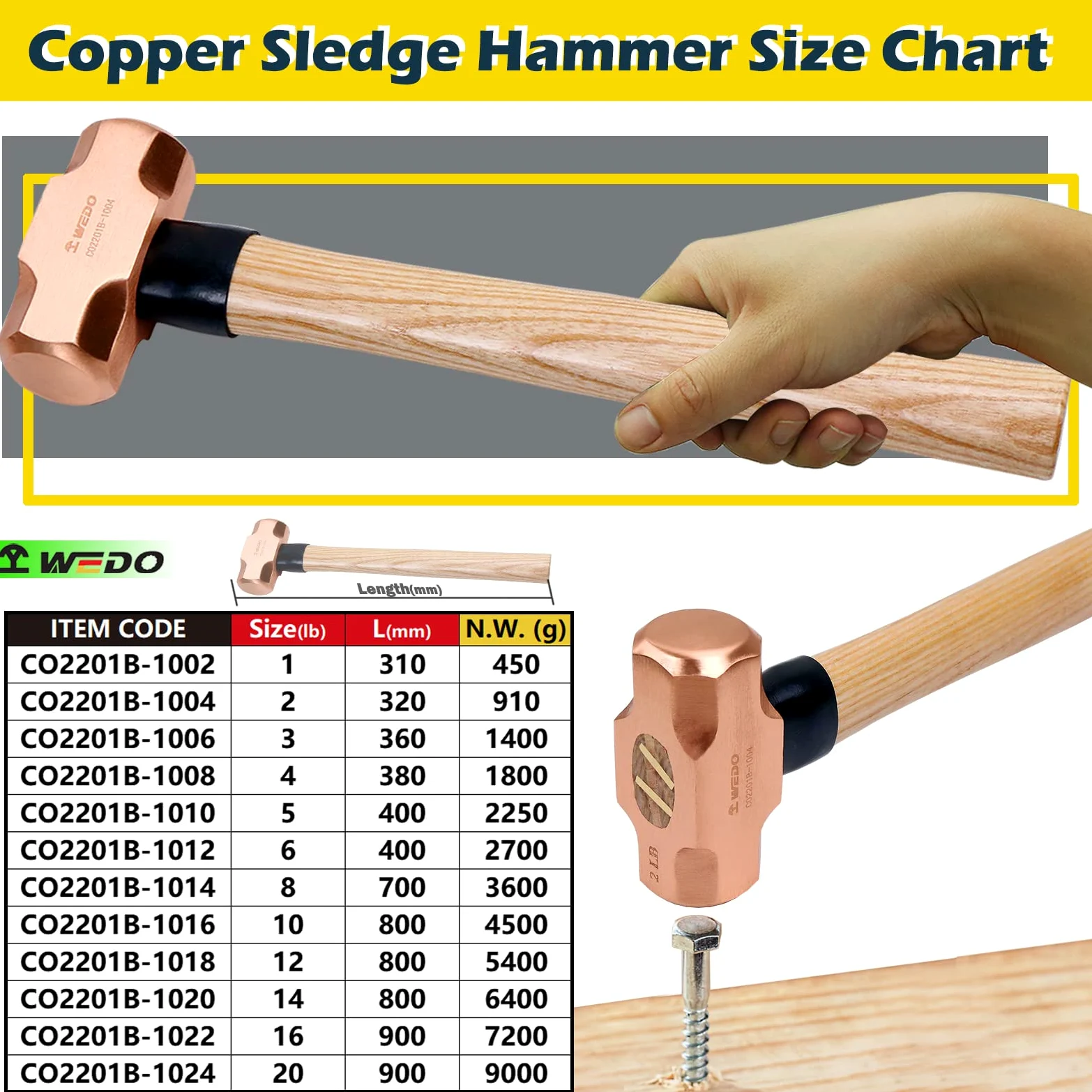 WEDO Kupferhammer,450g Kopfgewicht,310mm Länge, mit Holzgriff, langer gerader Griff, verstärkte Kopf-Griff-Verbindung, für Gartenarbeit und Bauwesen