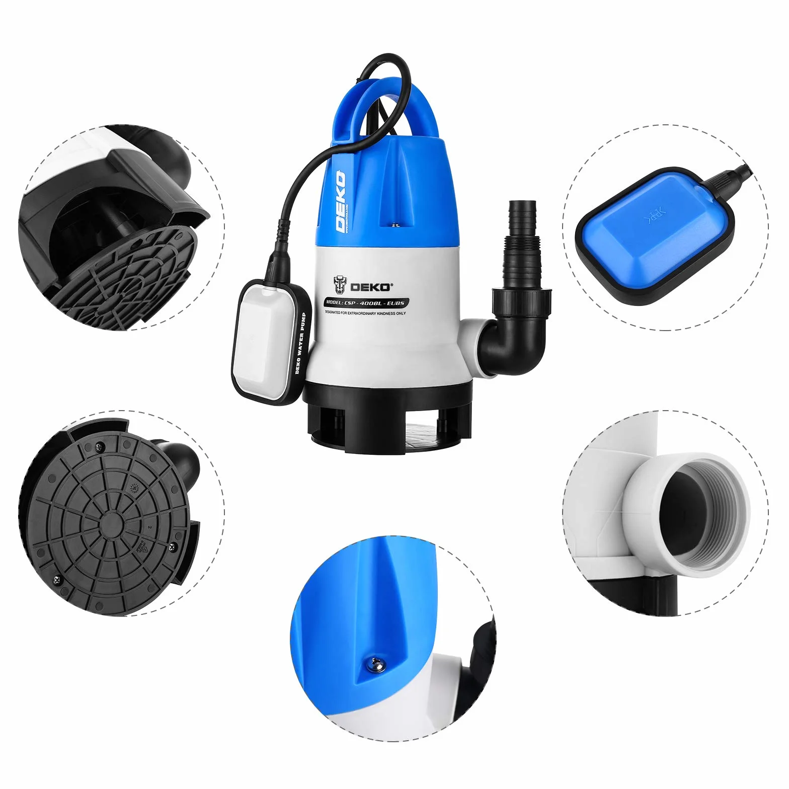 DEKO 400W Tauchpumpen flachsaugend mit Schwimmerschalter Fördermenge 8000 l/h Eintauchtiefe Max. 7 m Partikel Ø 35mm - Tauchpumpe Schmutzwasserpumpe Wasserpumpe Pumpe Abwasserpumpe für Garten Haus