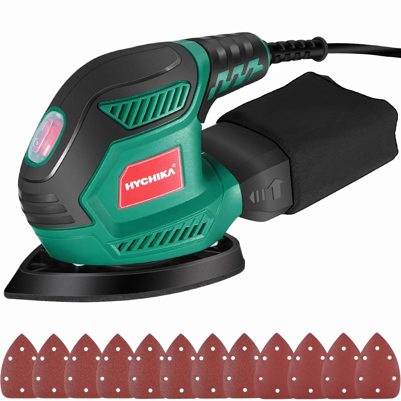 HYCHIKA Multischleifer, Deltaschleifer 200W, mit 12 Schleifblätter (Körnung 80/120/240), 14000 U/min, Klettfix-System, Staubsaugbeutel, Schleifmaschine für Ecke & Kante, Metal & Holz