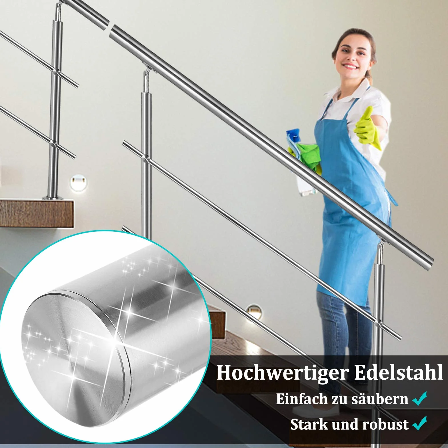 Aufun Edelstahl Handlauf 100cm Treppengeländer Innen und Außen mit 2 Pfosten für Treppen, Brüstung, Balkon (100cm, 0 Querstreben)