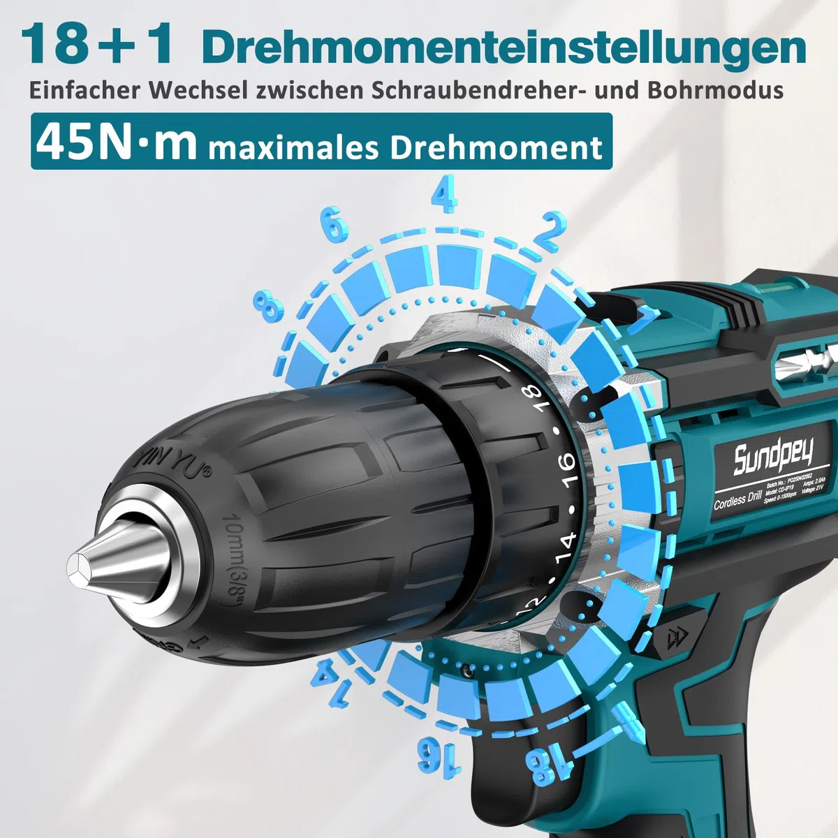 Sundpey Akkuschrauber Set mit 2 Akkus 2,0Ah, 21V Akkubohrer und Schrauber, 1500U/min 45Nm Max Akku Bohrschrauber mit 2-Gang, 18+1 Drehmomentstufen, 10mm Bohrfutter, LED-Licht Für Haus Reparatur & DIY