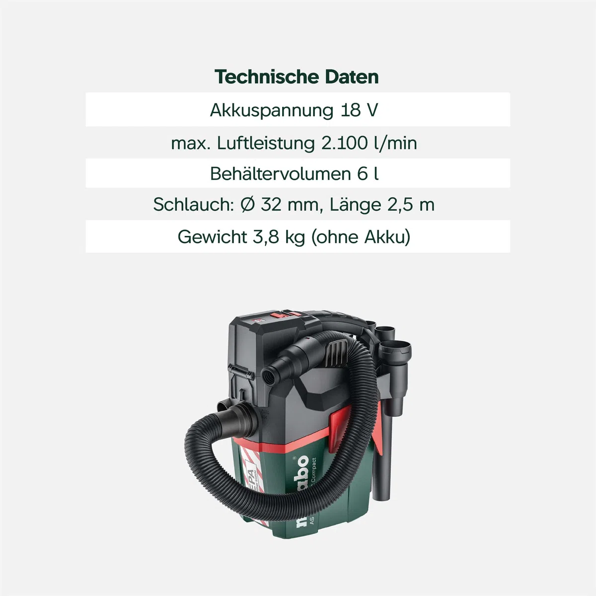metabo Akku-Sauger AS 18 HEPA PC Compact, 18V Nass- und Trockensauger | Mobiler Mehrzwecksauger mit HEPA-Filter, Blasfunktion und Stretch-Schlauch. Lieferung ohne Akku und Ladegerät.